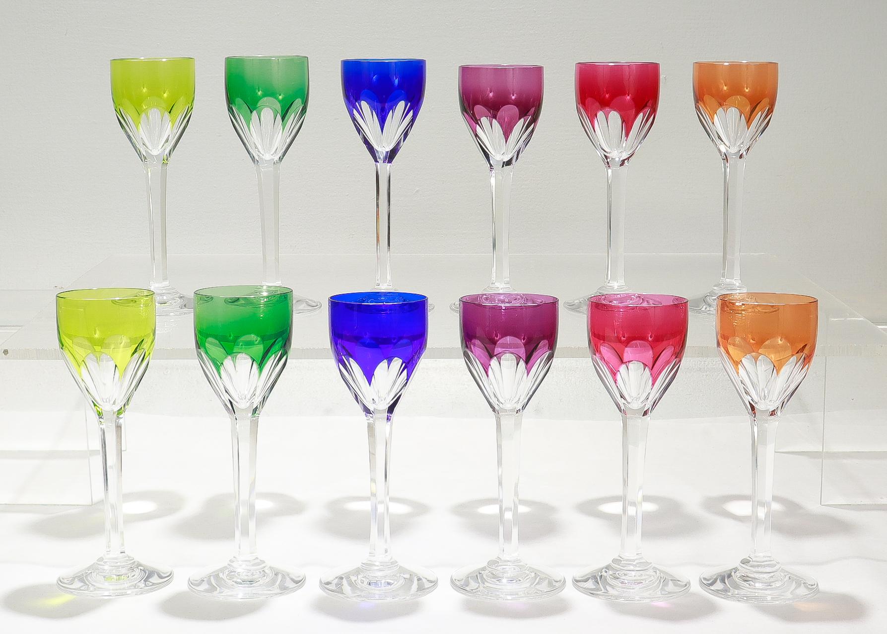 Modern Set of 12 Baccarat Harcourt Multi-color Wine Cordial Glasses or Stems For Sale