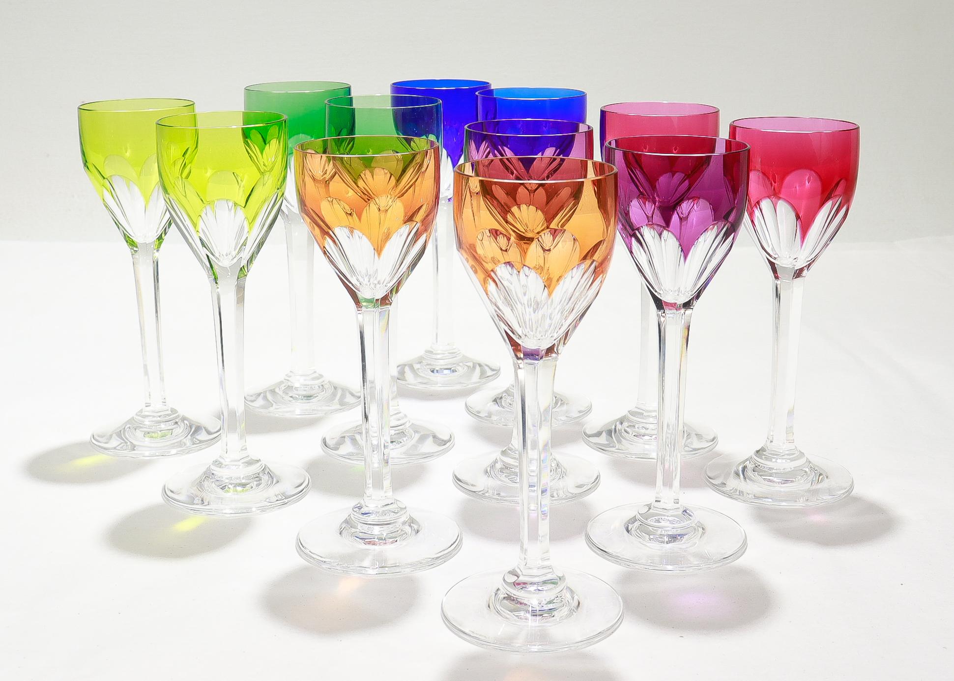 Set of 12 Baccarat Harcourt Multi-color Wine Cordial Glasses or Stems In Good Condition For Sale In Philadelphia, PA