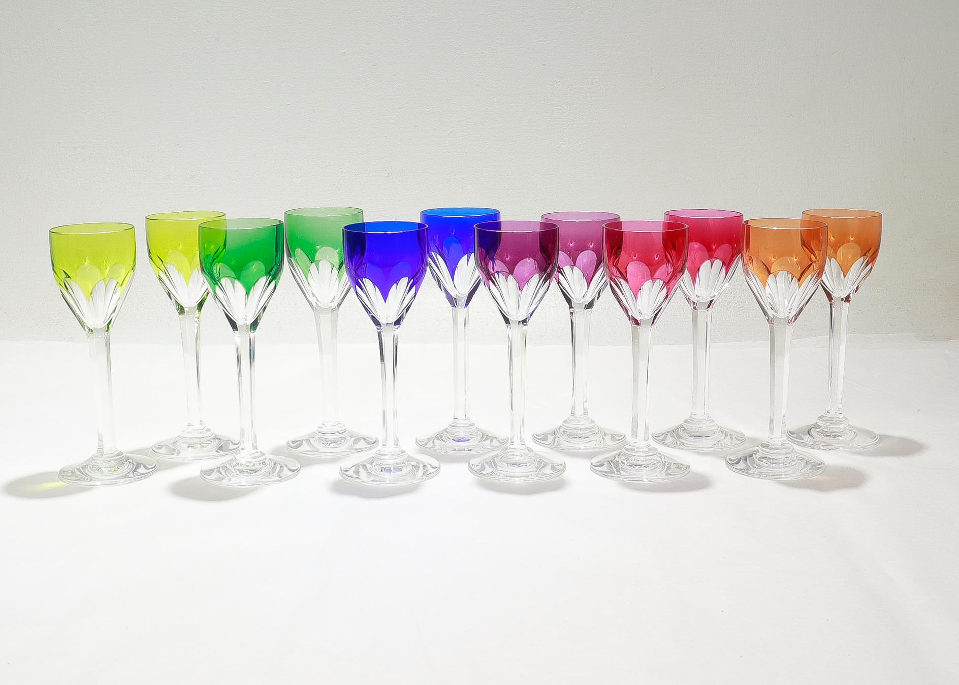 20th Century Set of 12 Baccarat Harcourt Multi-color Wine Cordial Glasses or Stems For Sale