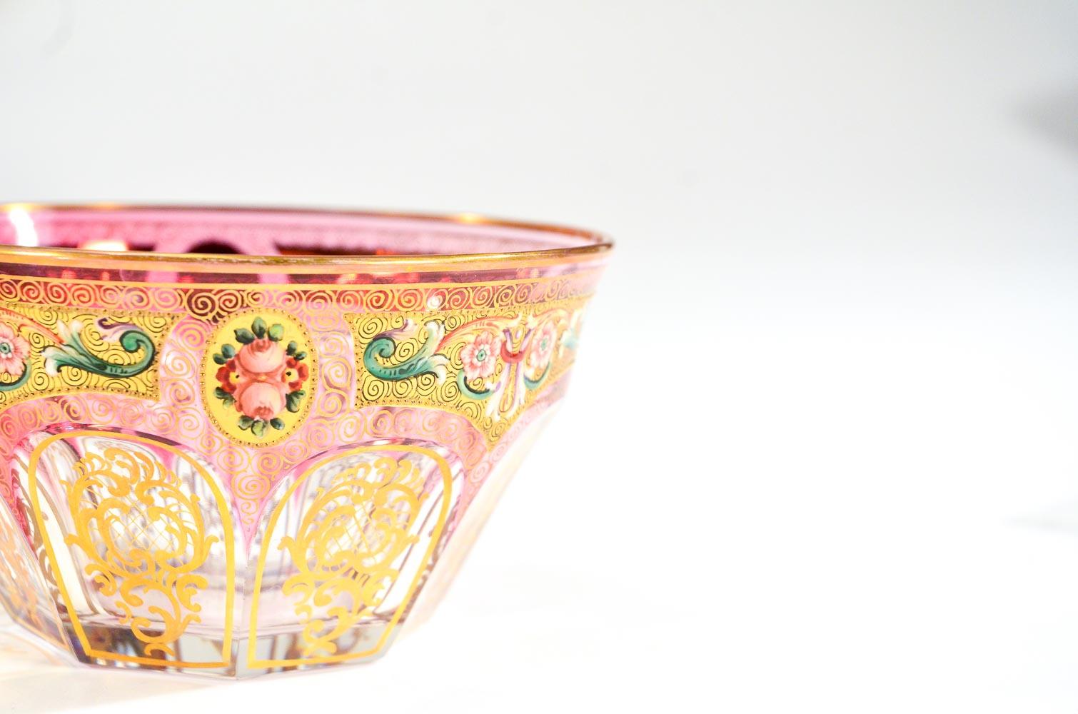 Enameled Set of 12 Baccarat/Moser Crystal Bowls with Hand-Painted Enamel Gilt Decoration