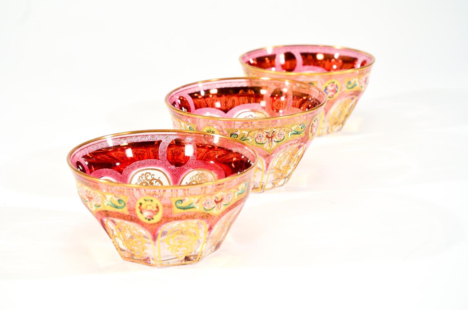 20th Century Set of 12 Baccarat/Moser Crystal Bowls with Hand-Painted Enamel Gilt Decoration