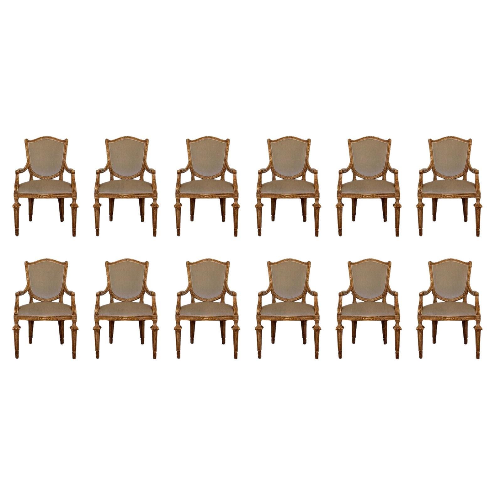 Set of 12 Baker Hollywood Regency Antique Gold Finish Armchairs Dining Chairs