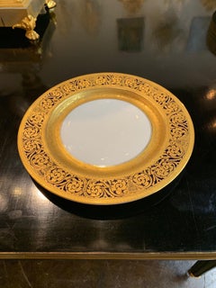 Set of 12 Bavarian China Dinner Plates with Raised 24 Carat Gold