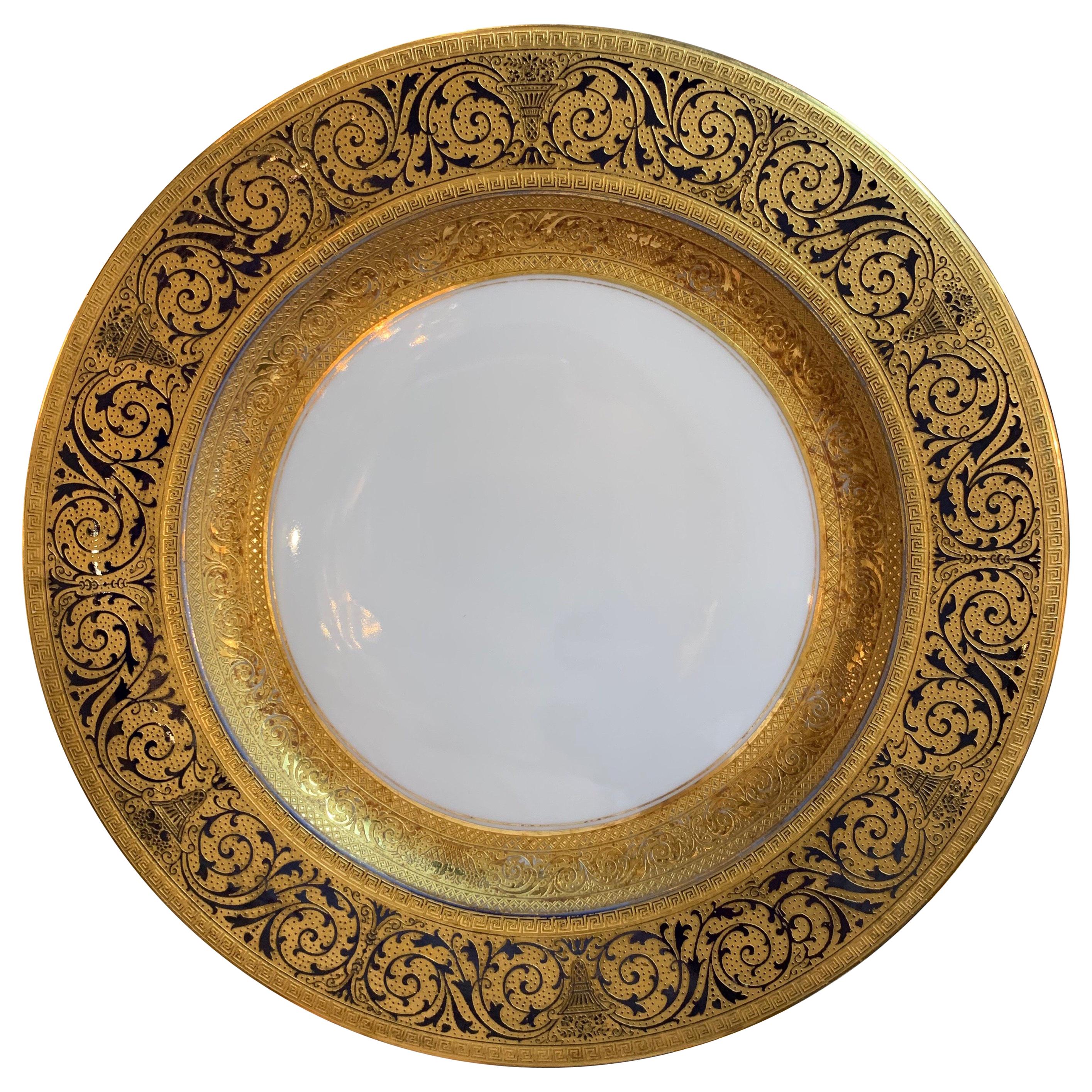 Set of 12 Bavarian China Dinner Plates with Raised 24 Carat Gold For Sale