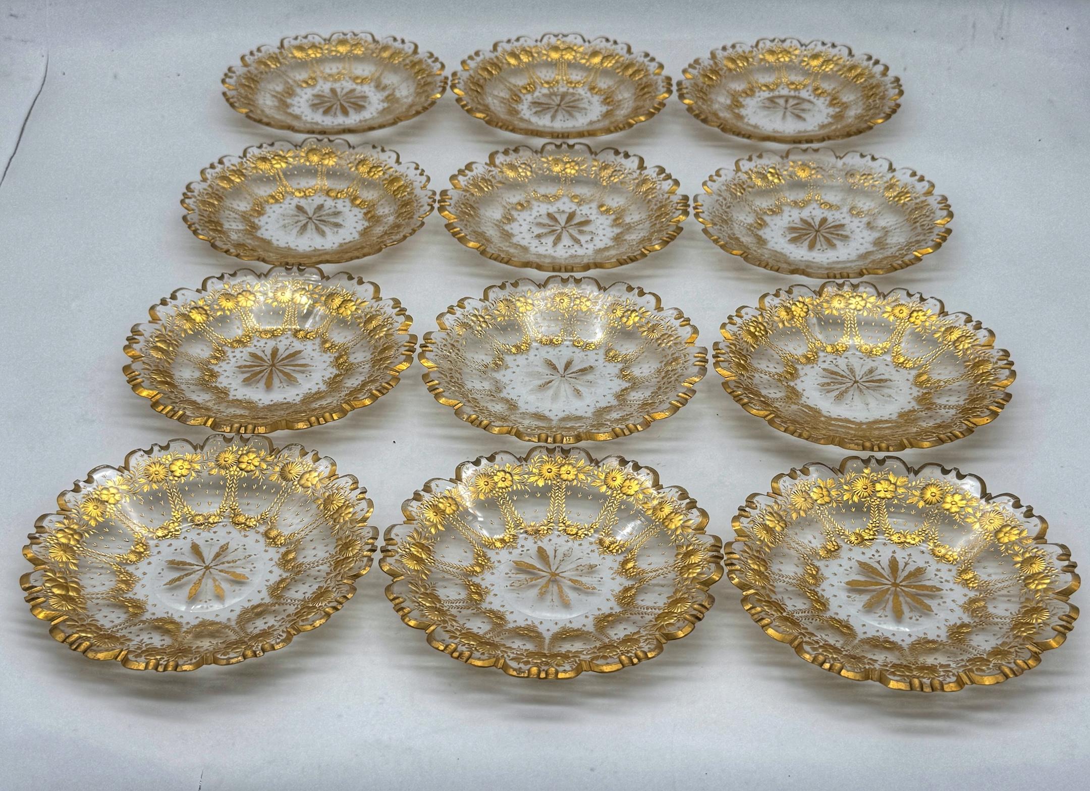19th Century Set of 12 Belle Époque Cut Glass and Gilt Dessert Plates, circa 1890–1910 For Sale