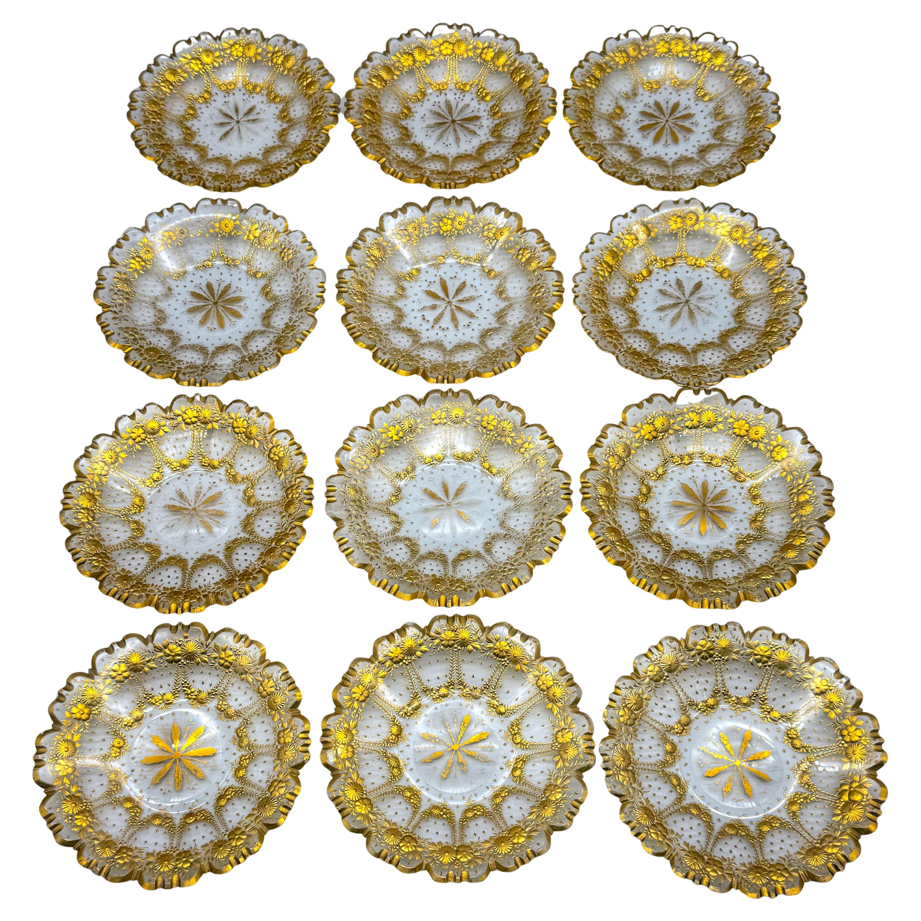 Set of 12 Belle Époque Cut Glass and Gilt Dessert Plates, circa 1890–1910 For Sale
