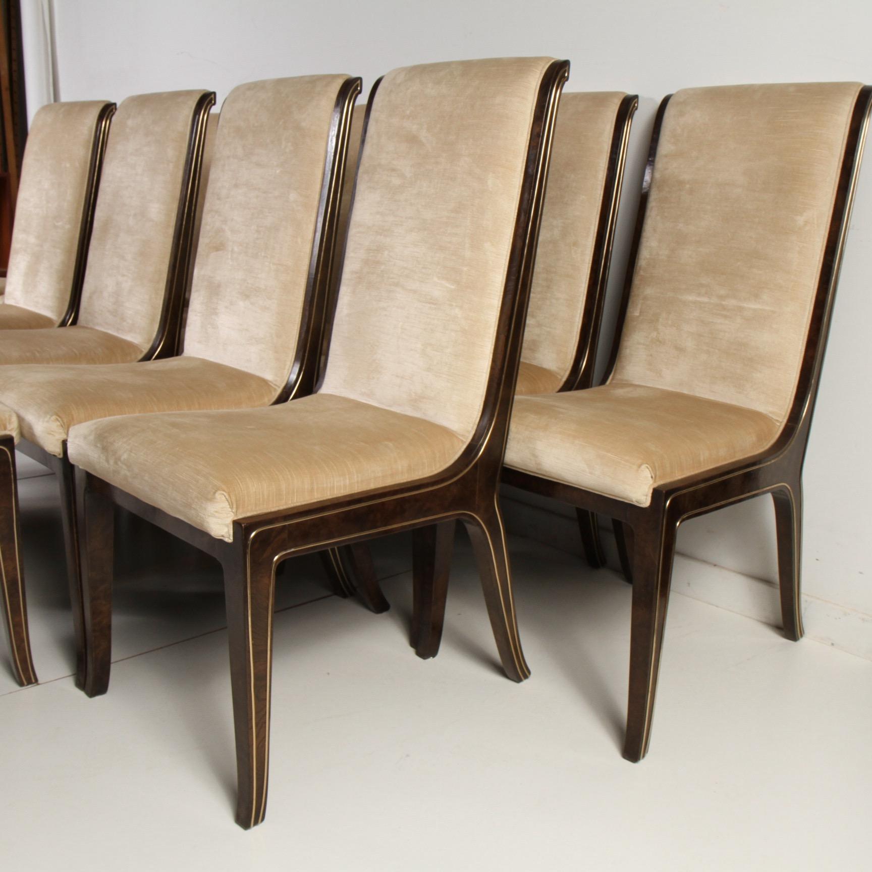 Set of 12 Bernhard Rohne for Mastercraft Amboyna Burl and Brass Dining Chairs 3