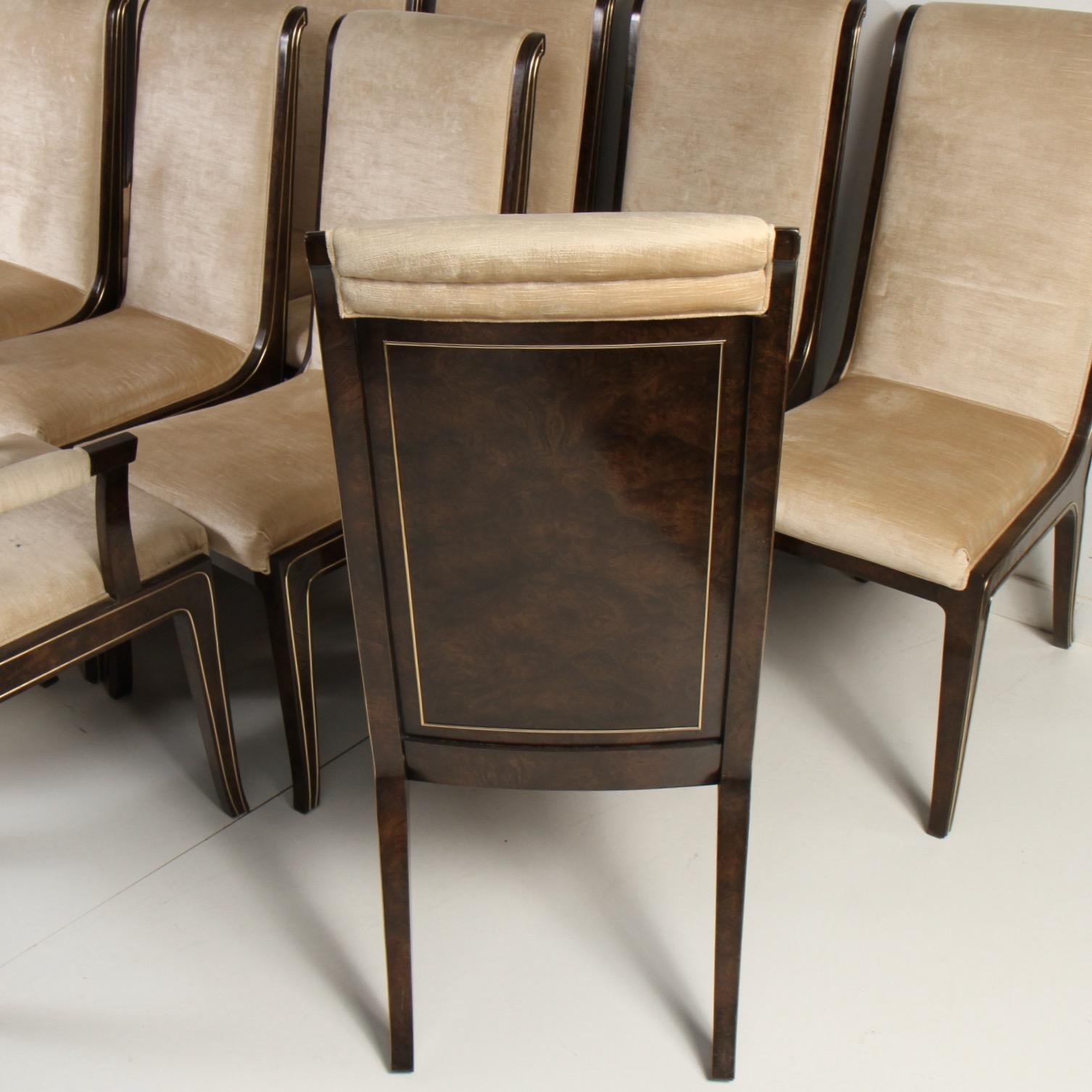 Set of 12 Bernhard Rohne for Mastercraft Amboyna Burl and Brass Dining Chairs 4