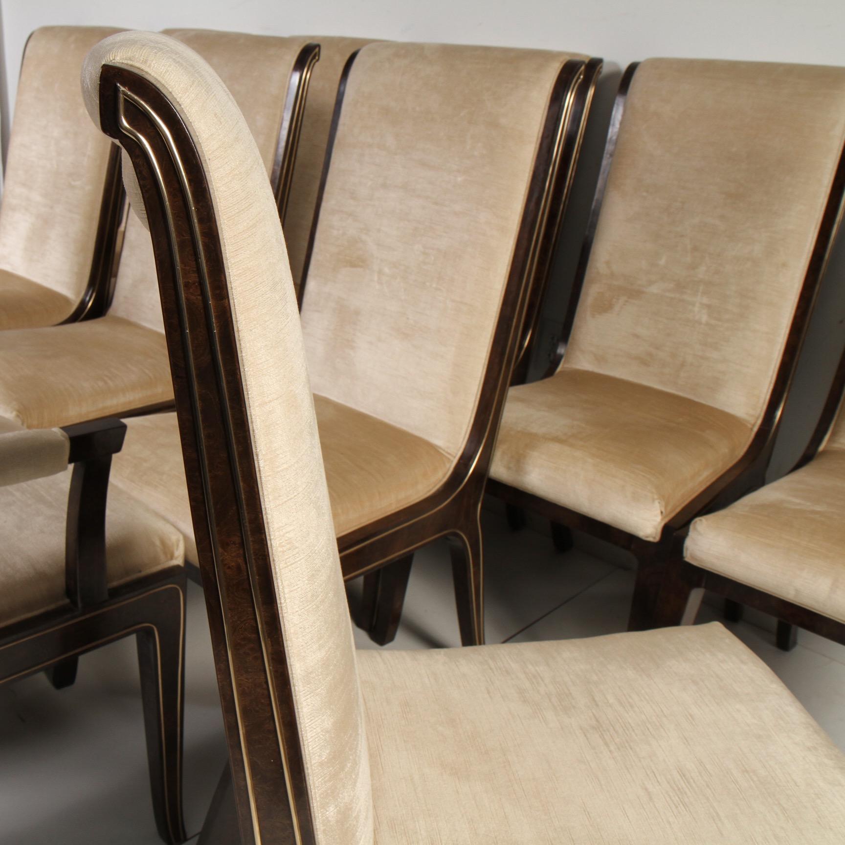 Set of 12 Bernhard Rohne for Mastercraft Amboyna Burl and Brass Dining Chairs 7