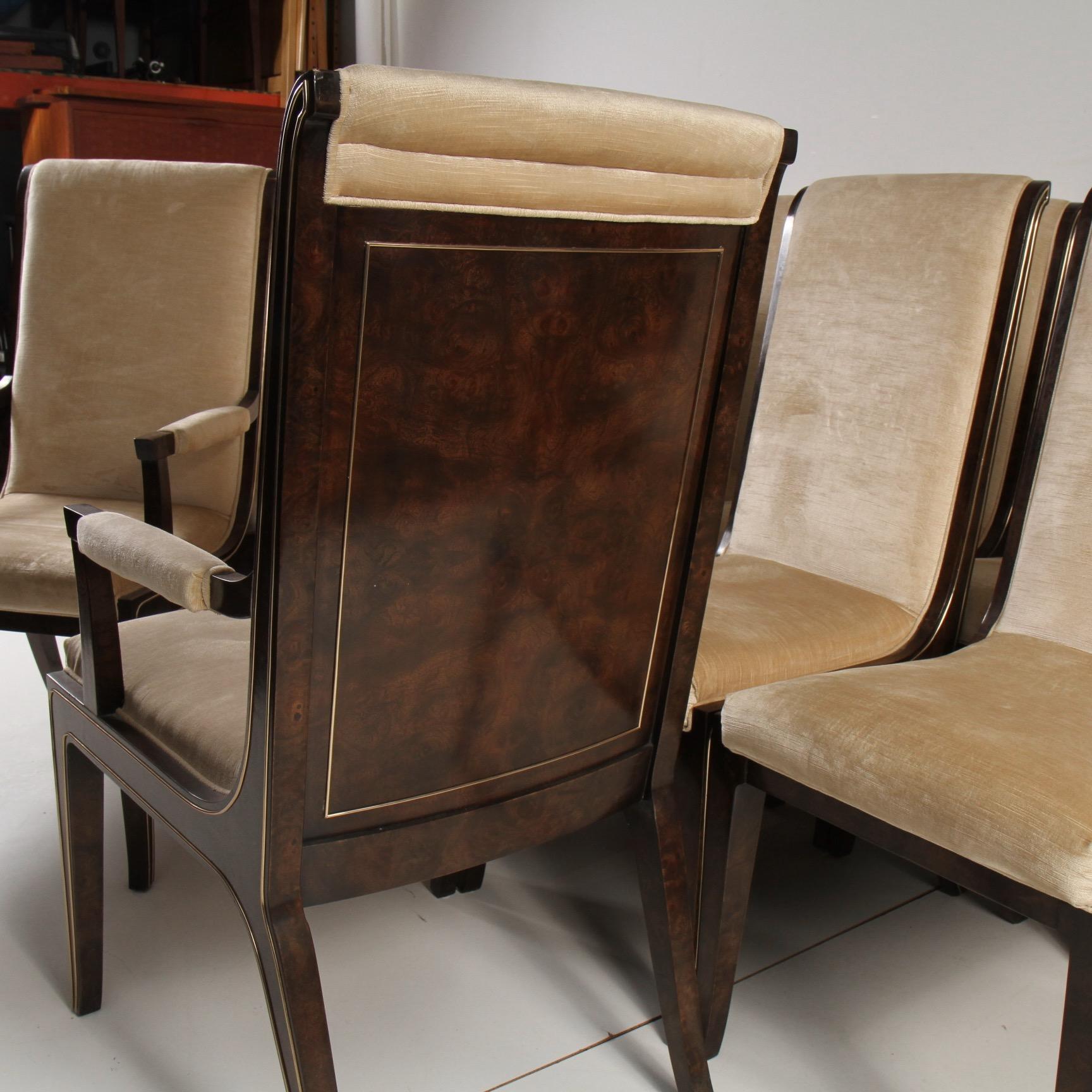 American Set of 12 Bernhard Rohne for Mastercraft Amboyna Burl and Brass Dining Chairs