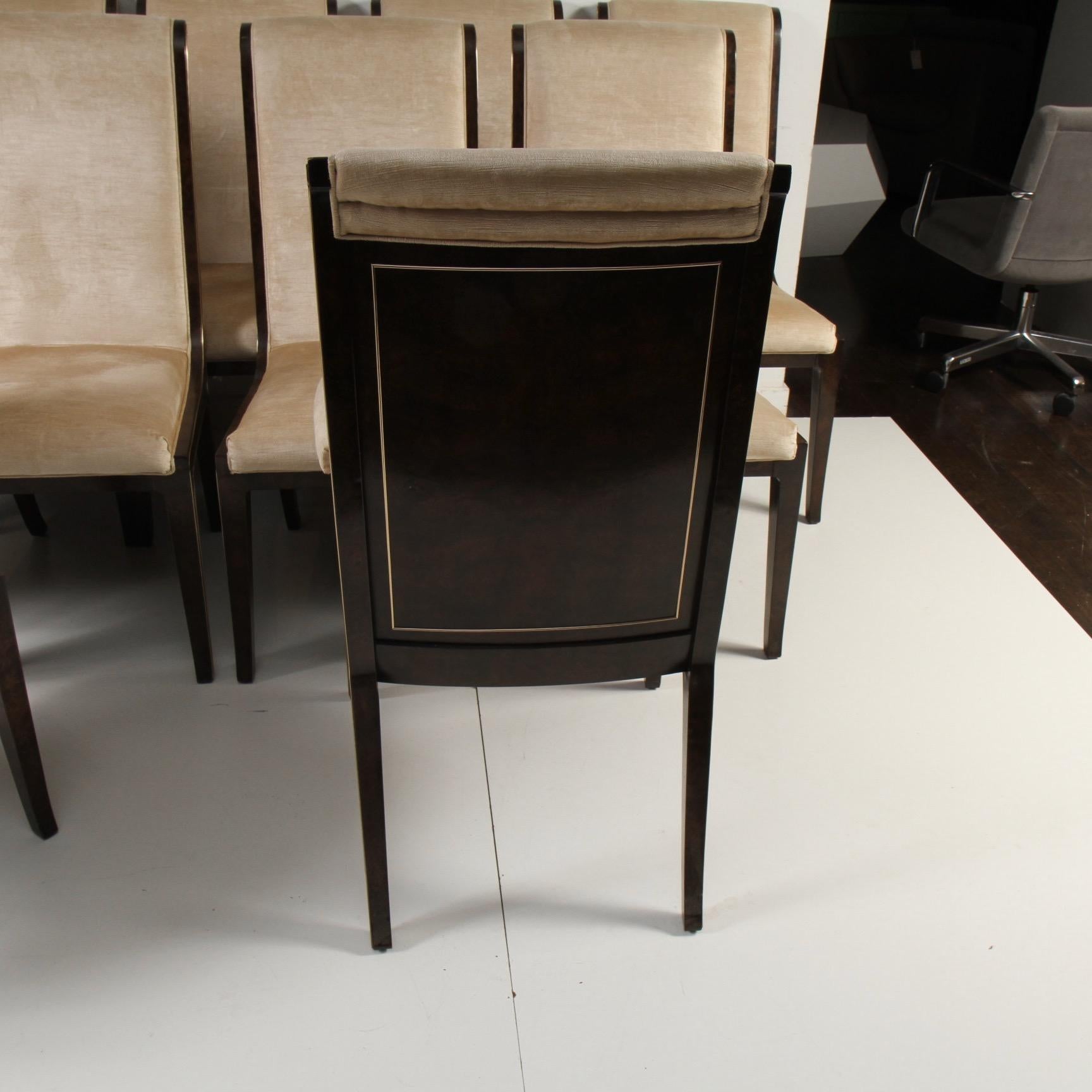 Set of 12 Bernhard Rohne for Mastercraft Amboyna Burl and Brass Dining Chairs In Good Condition In New London, CT
