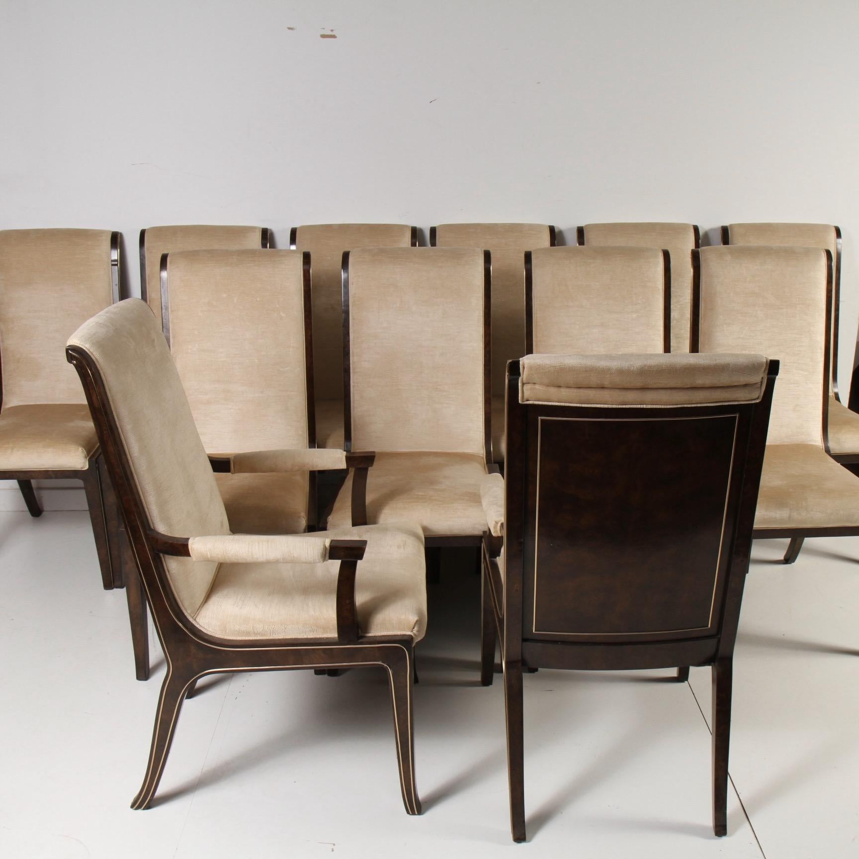 Set of 12 Bernhard Rohne for Mastercraft Amboyna Burl and Brass Dining Chairs 1