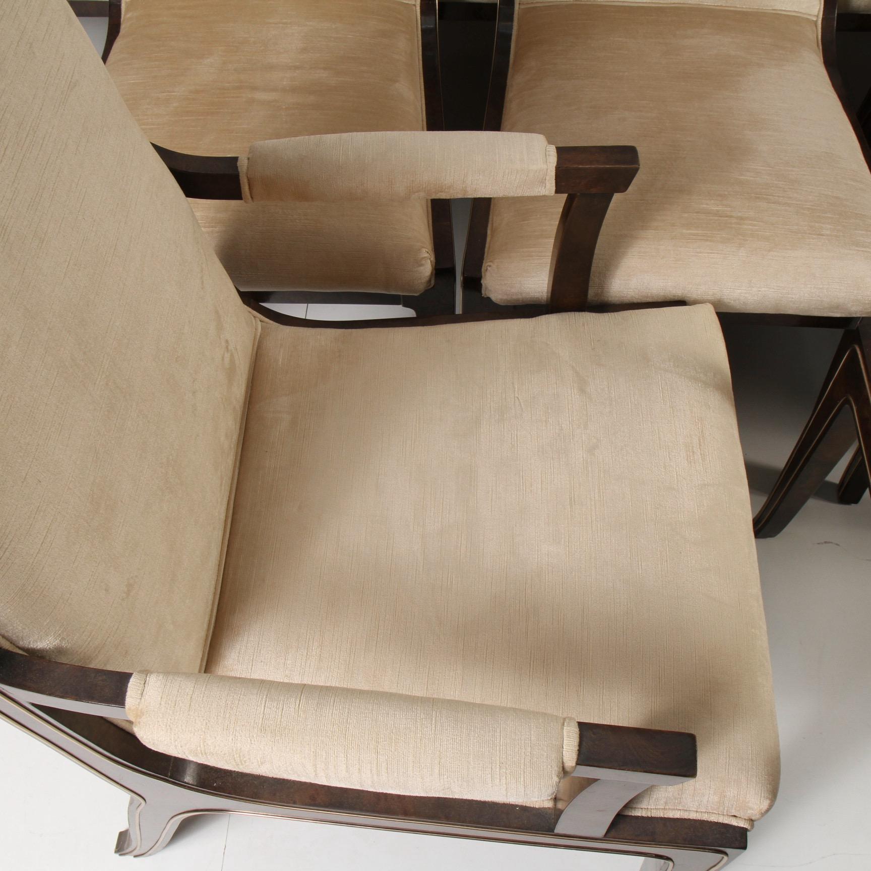 Set of 12 Bernhard Rohne for Mastercraft Amboyna Burl and Brass Dining Chairs 2