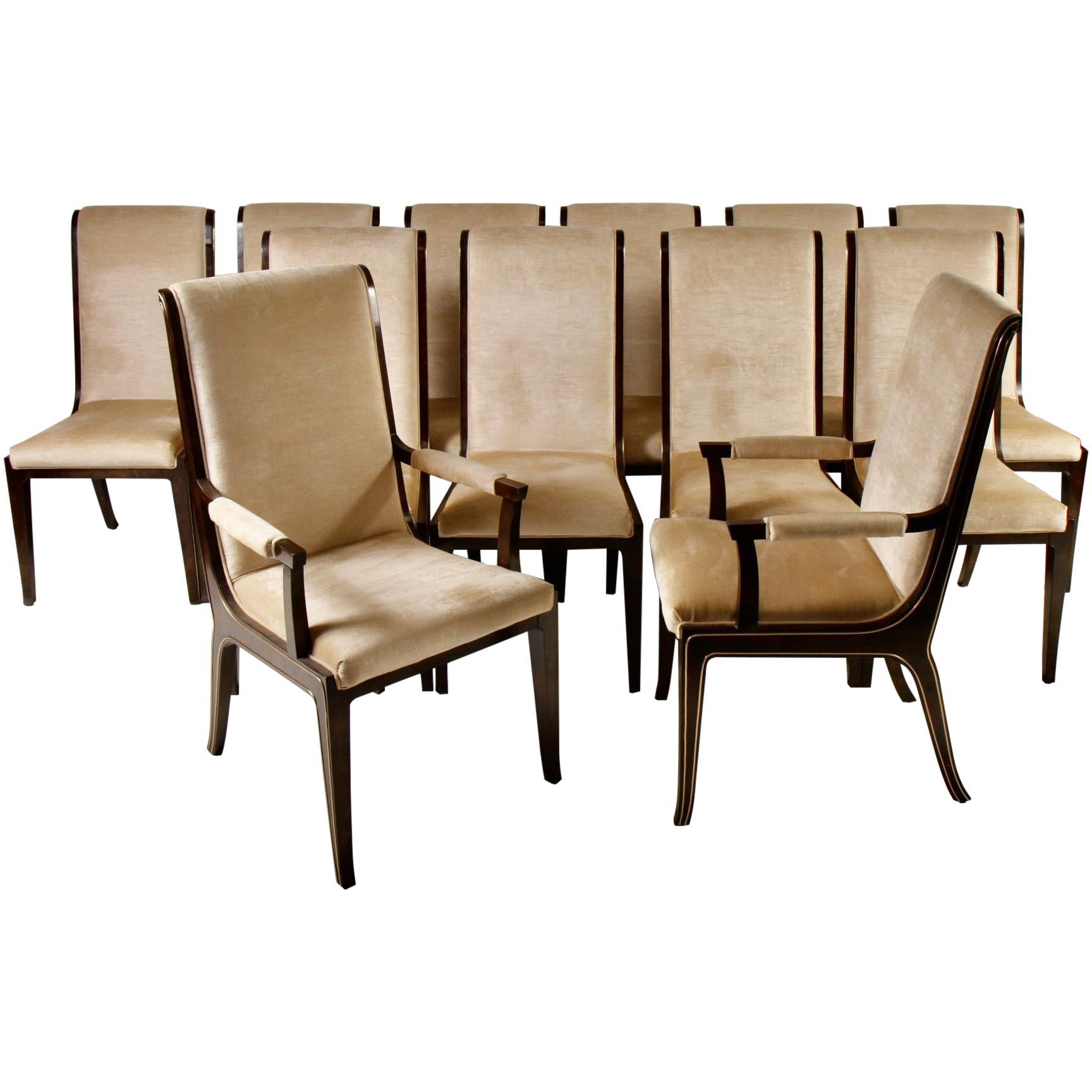 Set of 12 Bernhard Rohne for Mastercraft Amboyna Burl and Brass Dining Chairs