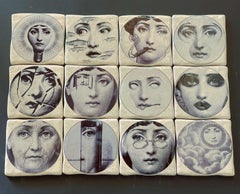 Set of 12 Black and White Ceramic Tiles by Fornasetti