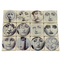 Set of 12 Black and White Ceramic Tiles by Fornasetti