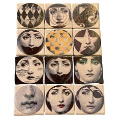 Set of 12 Black and White Ceramic Tiles by Fornasetti