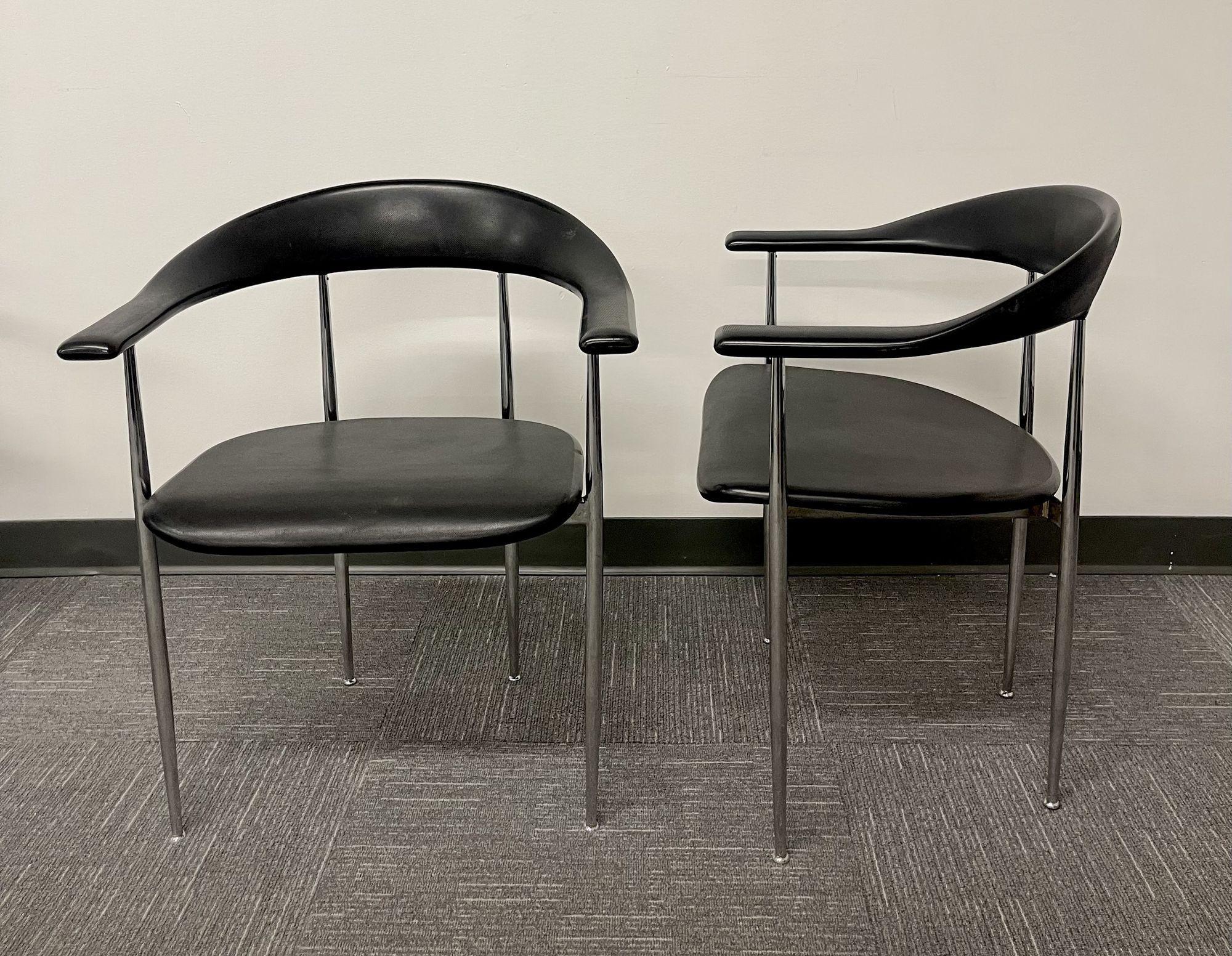 Mid-Century Modern Set of 12 Black & Chrome Italian Dining Chairs, Arm Chairs