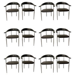 Set of 12 Black 
Chrome Italian Dining Chairs, Arm Chairs