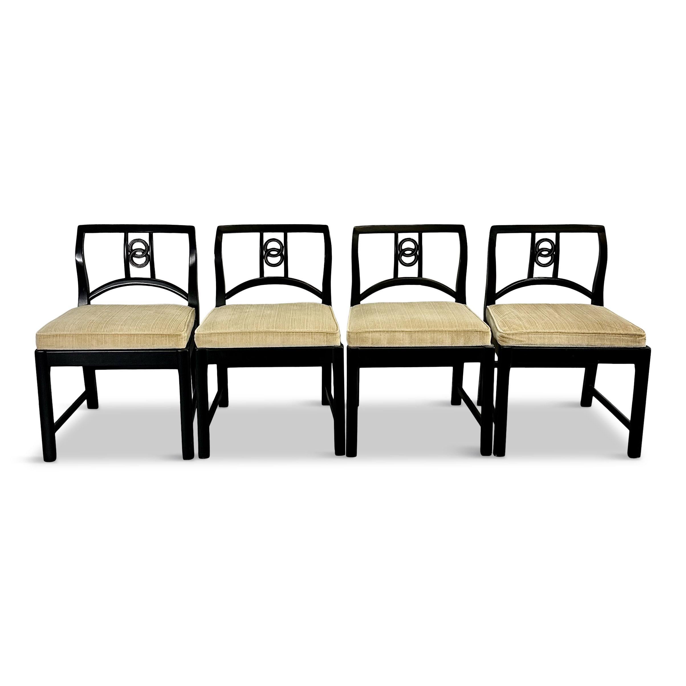 Hollywood Regency Set of 16 Black Lacquered Michael Taylor for Baker Dining Chairs Mid Century