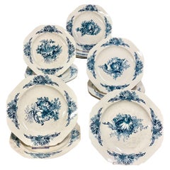 Set of 12 Blue and White Ironstone Dinner Plates by Hautin Boulenger & Cie