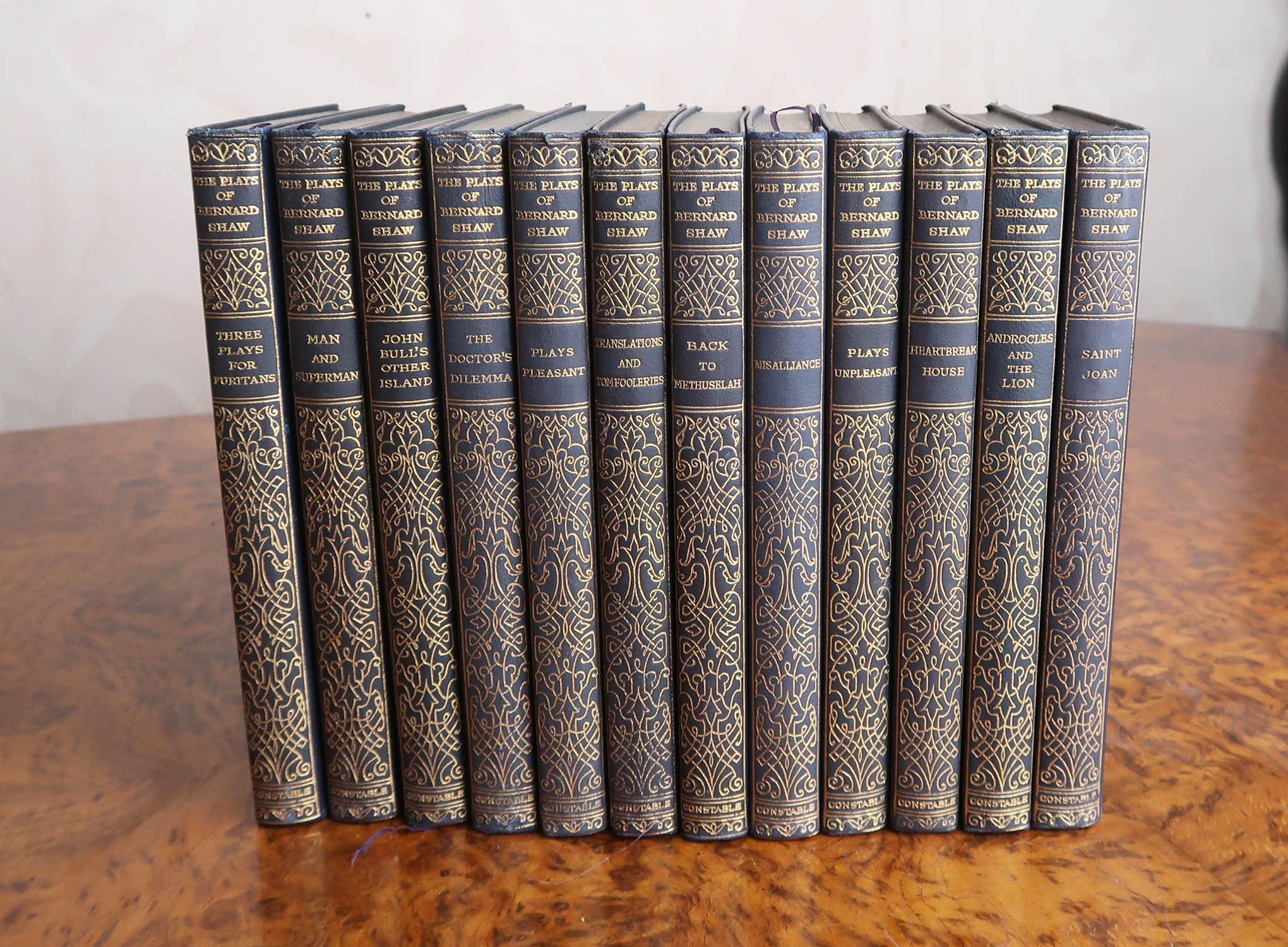 Nice set of The Works of George Bernard Shaw.

Published 1926

Blue leather with gilt tooling

Gilt facsimile signature of Shaw on the fronts of each book

Good condition

The measurement below relates to the 12 books.






