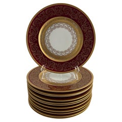Set of 12 Bohemia Burgundy & Gold Gilt Dinner Plates