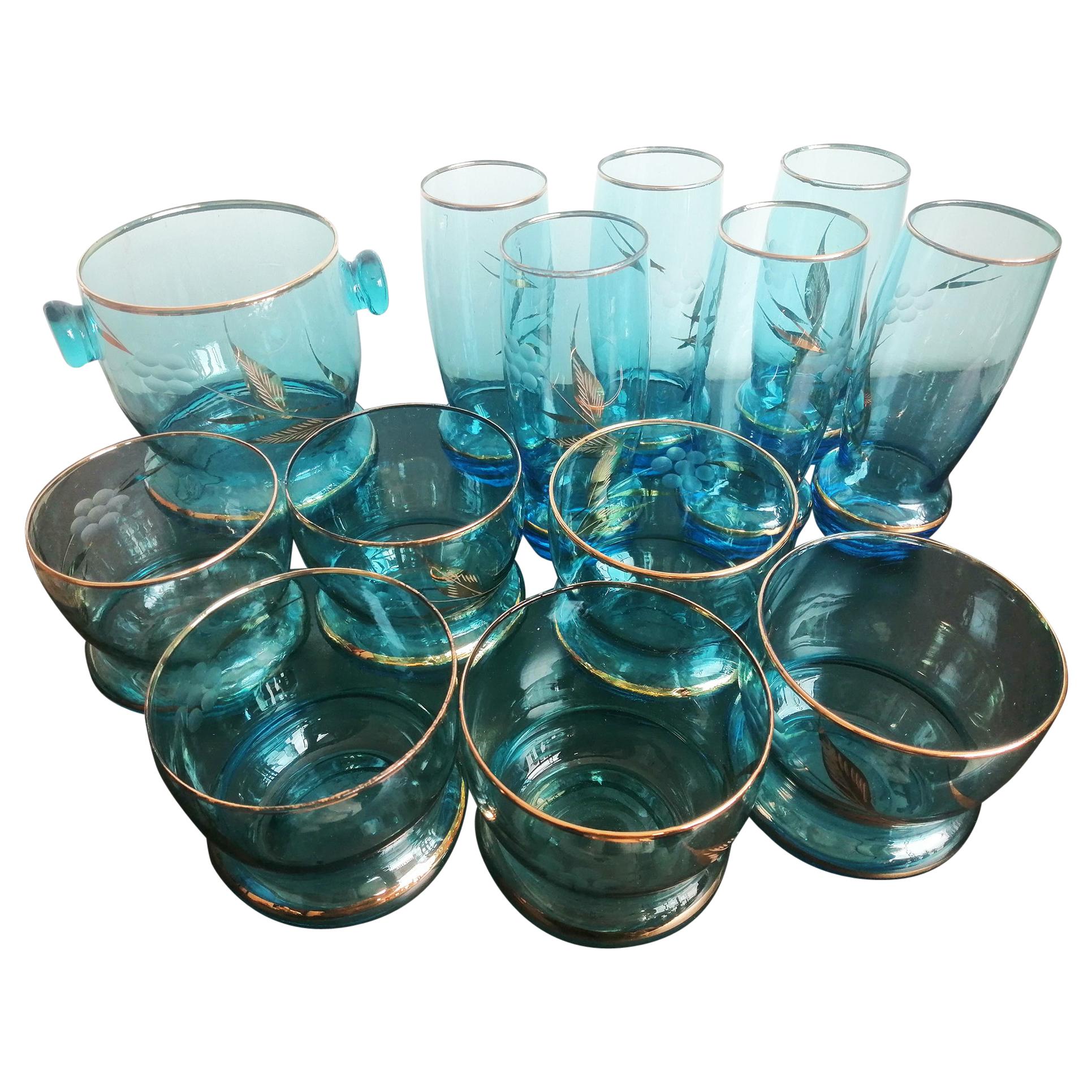 Eiskübel  von 12 Kristallgläsern und Gold  1930s im Angebot