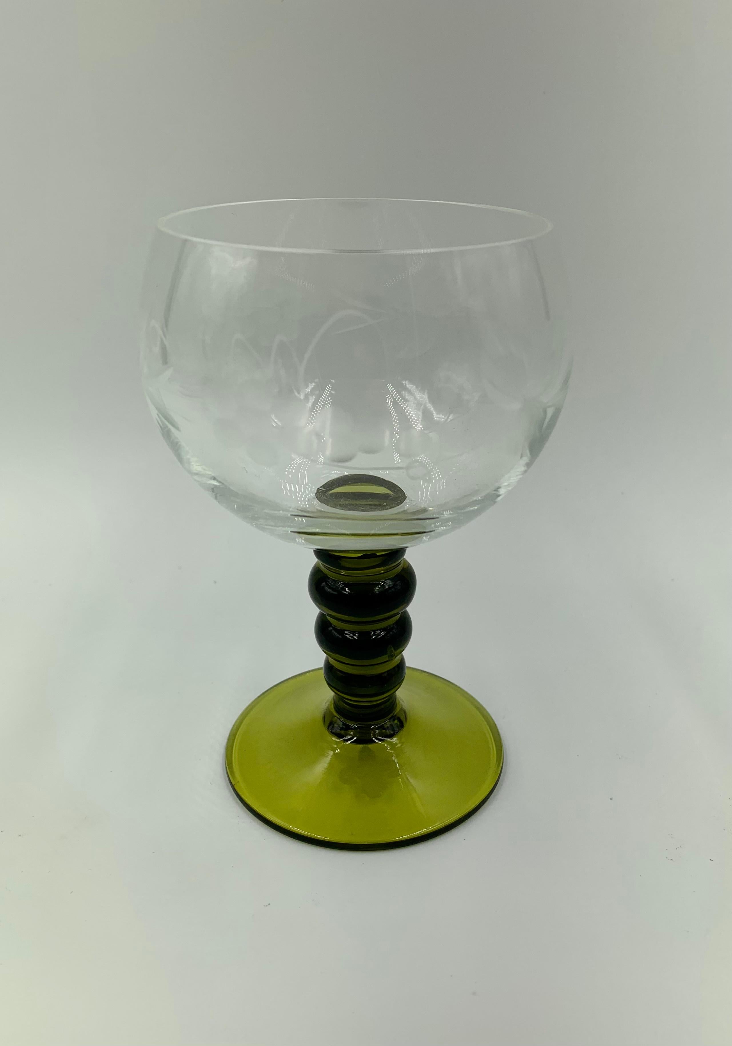 Contemporary Set of 12 Bohemian Rhine Wine Glasses, Engraved Grapevine motif with Green Stem For Sale