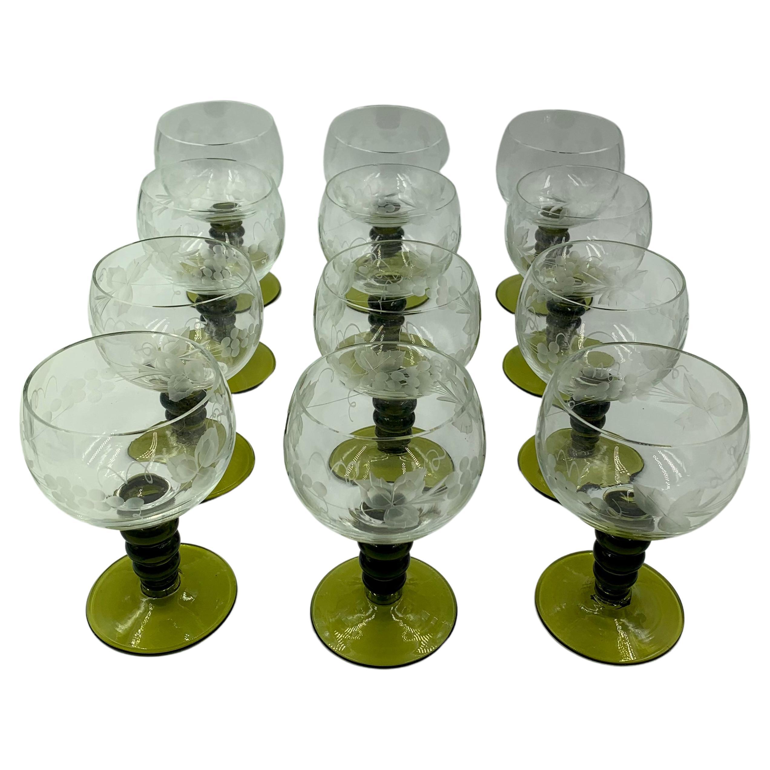 5” high circa 1970’s green water glasses with stem and foot 