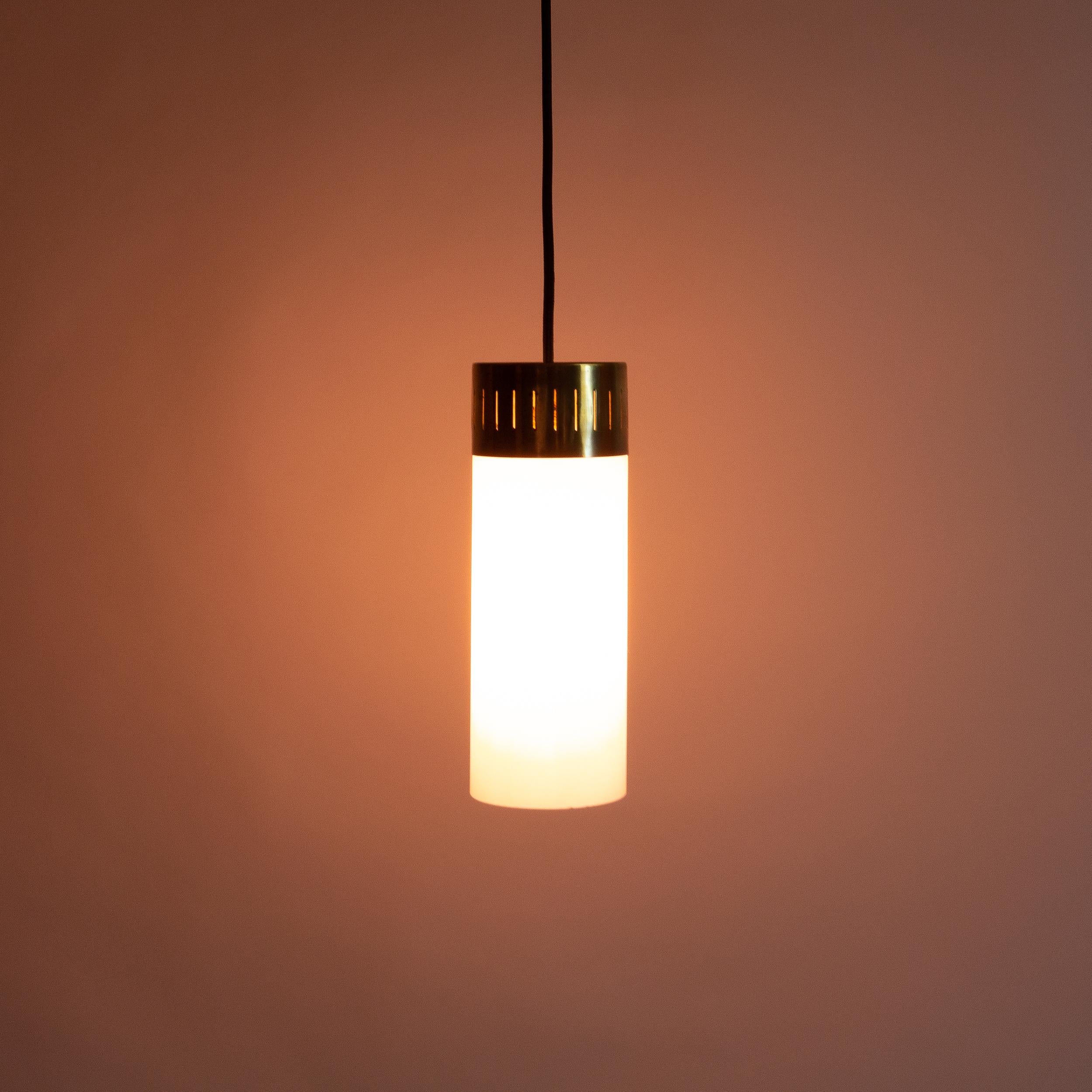 Mid-Century Modern Set of 12 Brass and Opaque Glass Pendant Lights, Italy, 1940s