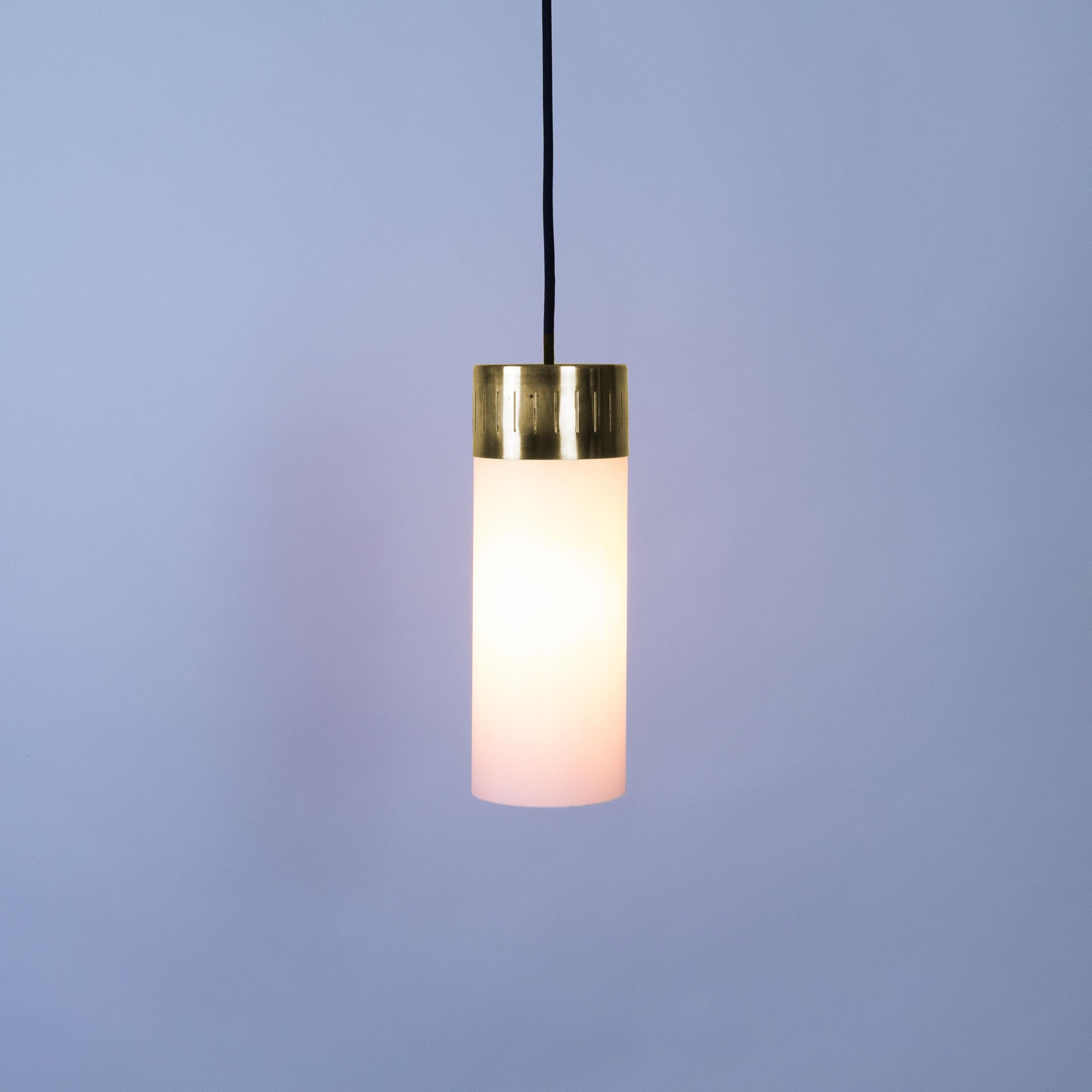 Mid-20th Century Set of 12 Brass and Opaque Glass Pendant Lights, Italy, 1940s