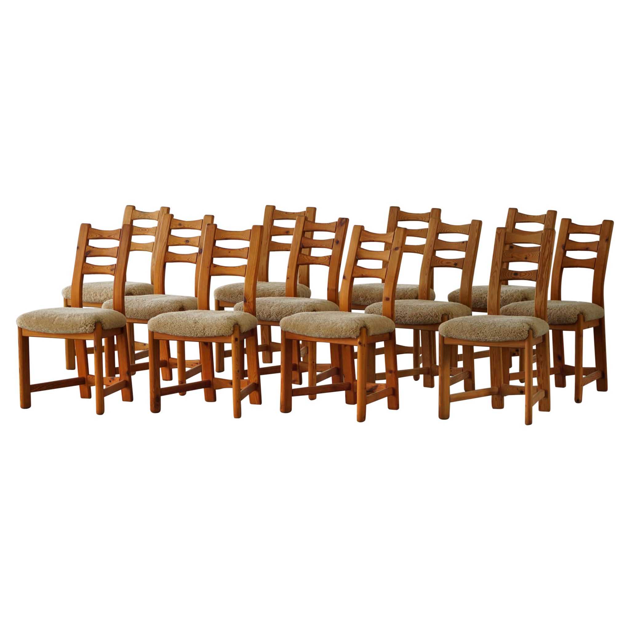 Set of 12 Brutalist Chairs in Pine & Shearling Lambswool, Danish Modern, 1970s
