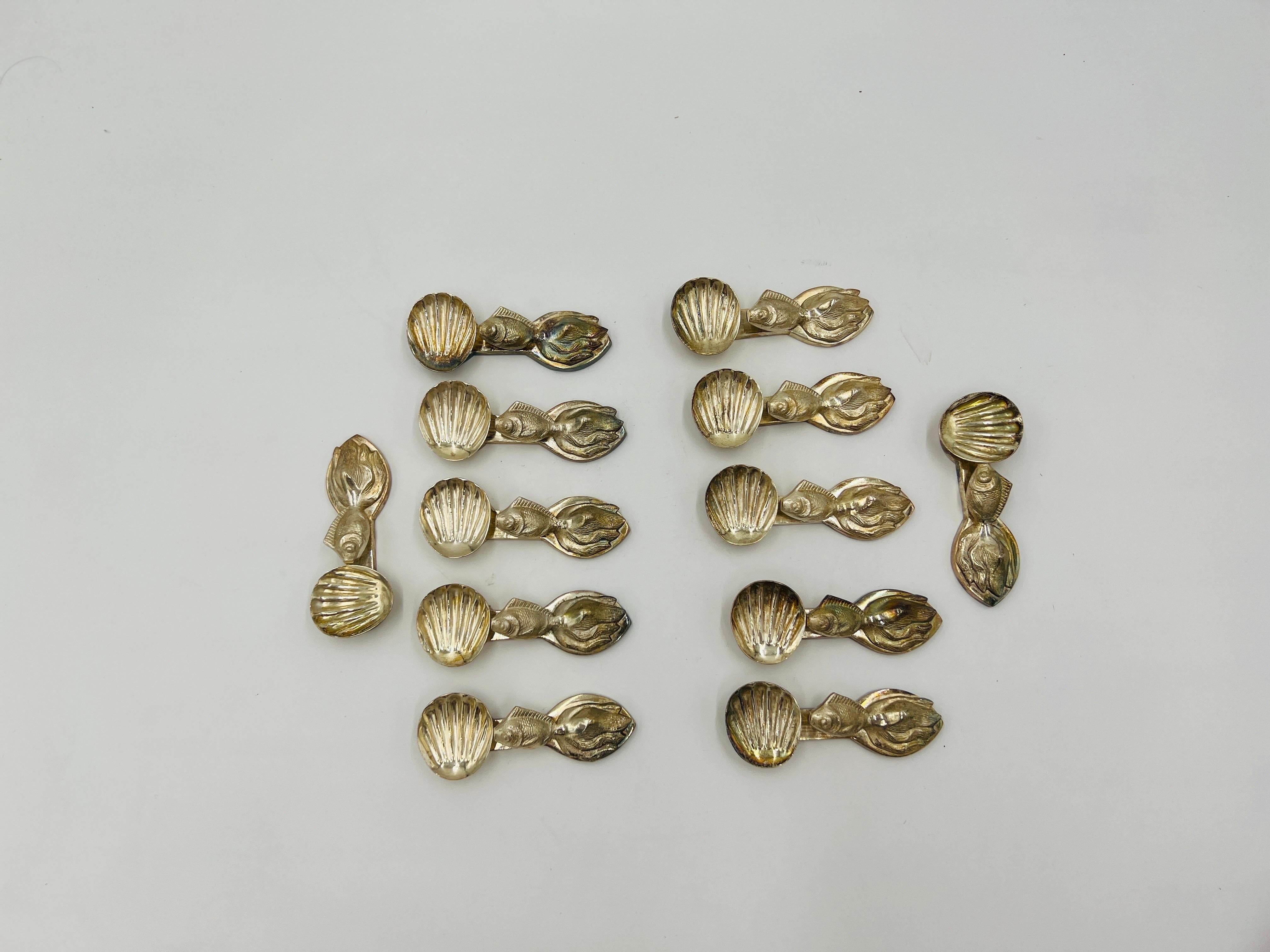 Set of 12, Buccellati Style Italian Silvered Fish / Shell Form Individual Salts In Good Condition For Sale In Atlanta, GA