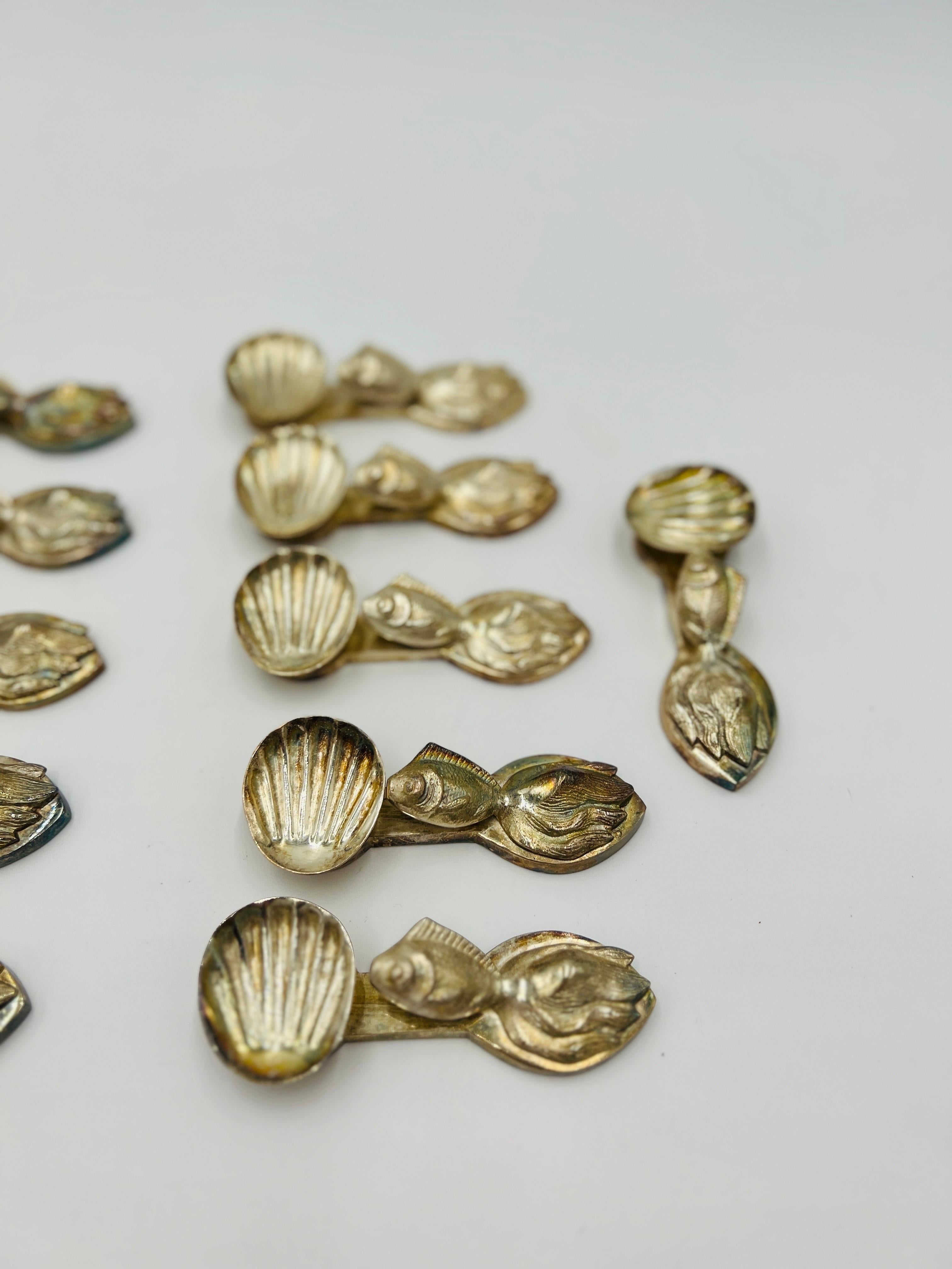 20th Century Set of 12, Buccellati Style Italian Silvered Fish / Shell Form Individual Salts For Sale