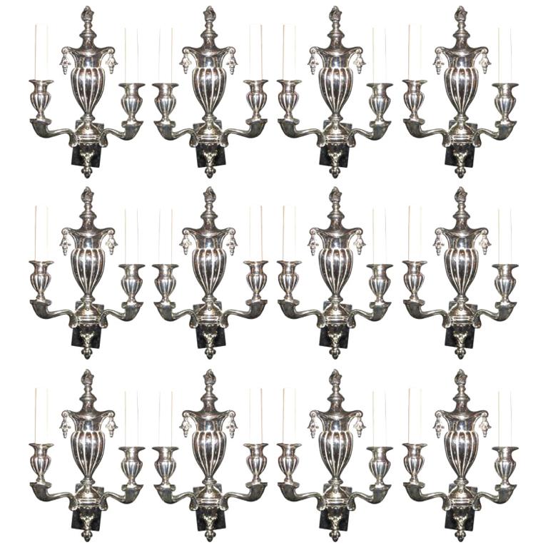 Set Of 12 C. 1920's English Silver Plated Bronze Sconces For Sale