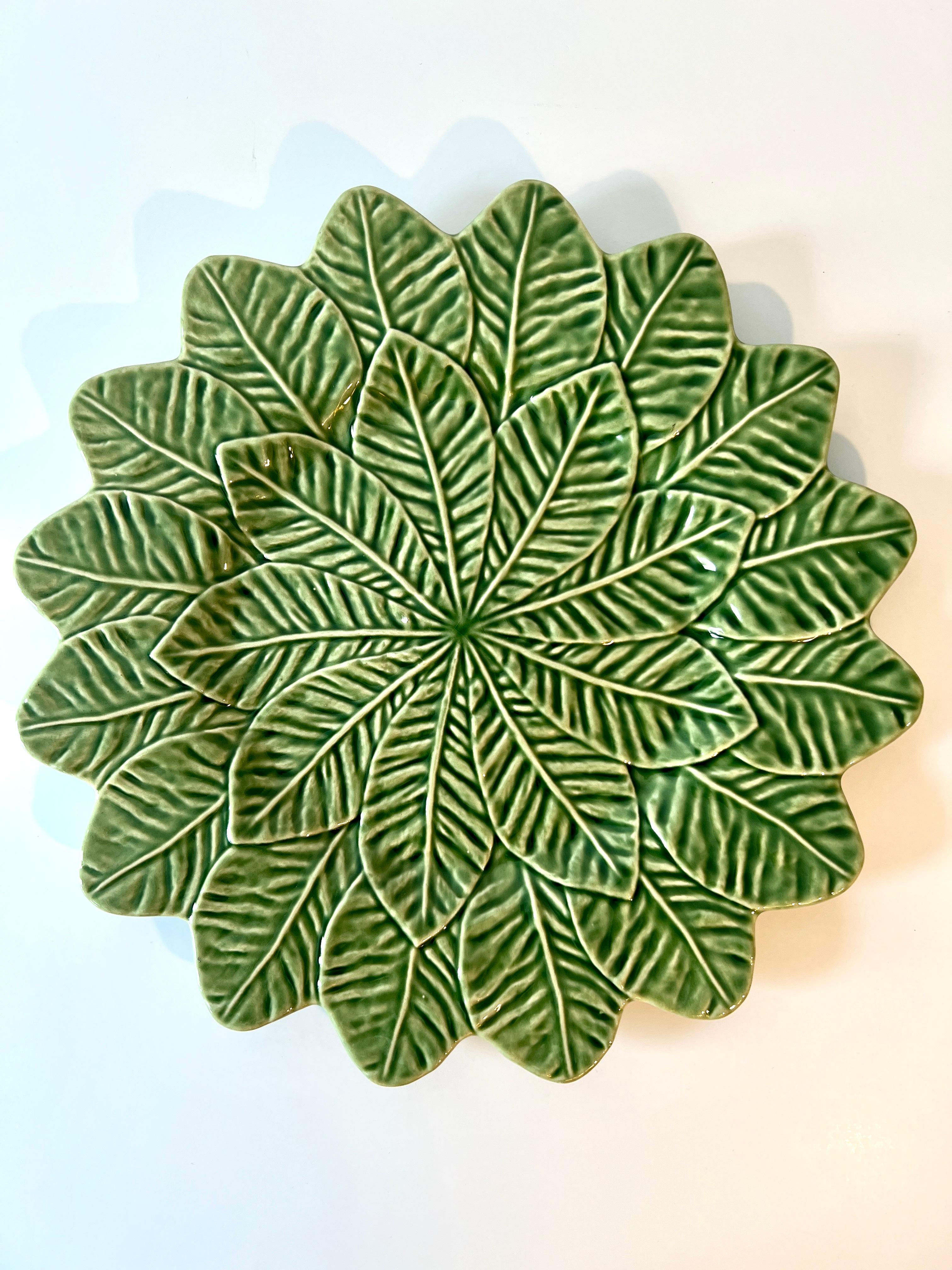 Mid-Century Modern Set of 12 Cabbage Green Bordallo Portugal 13 inch Chargers For Sale