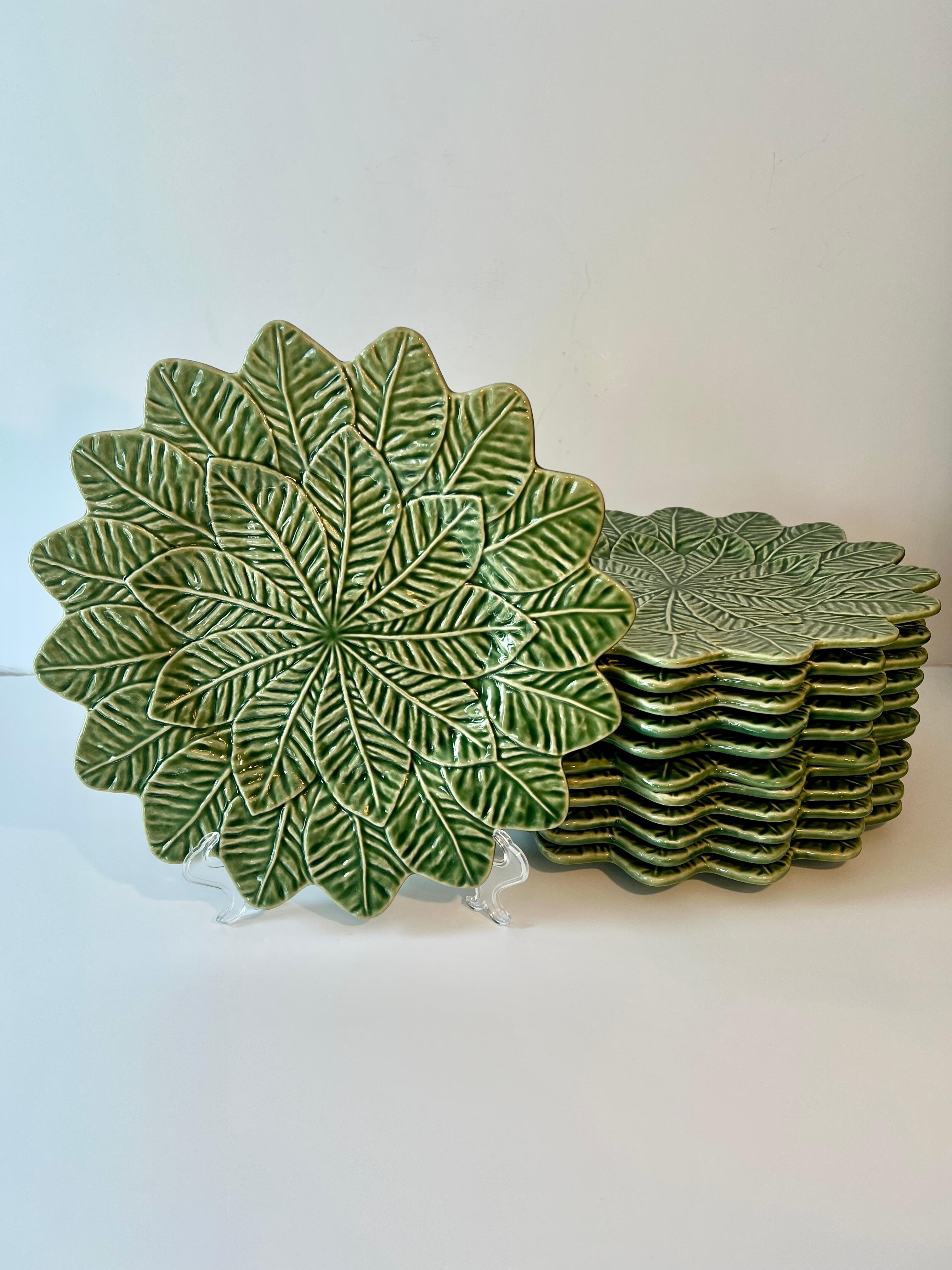 Portuguese Set of 12 Cabbage Green Bordallo Portugal 13 inch Chargers For Sale