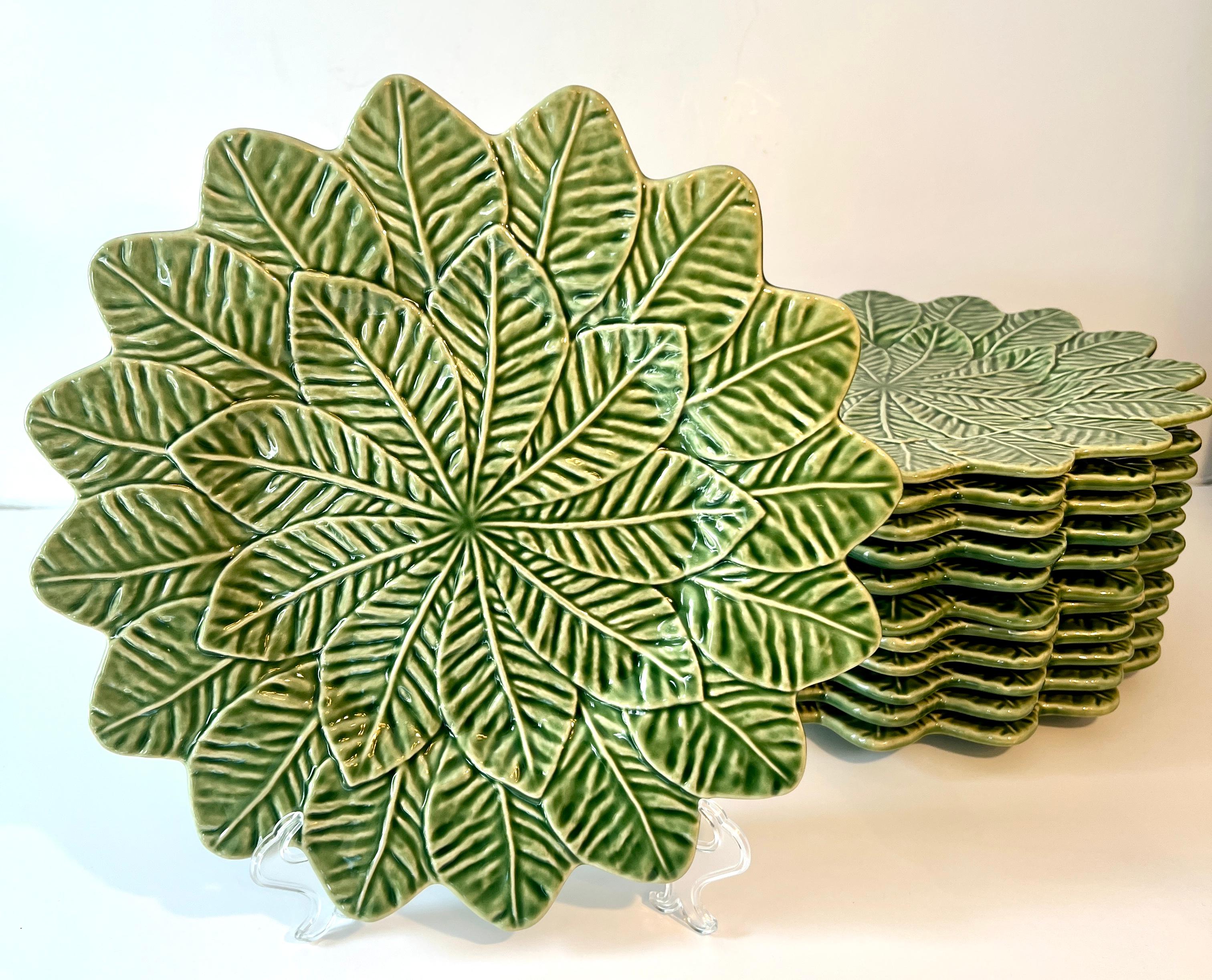 Hand-Crafted Set of 12 Cabbage Green Bordallo Portugal 13 inch Chargers For Sale