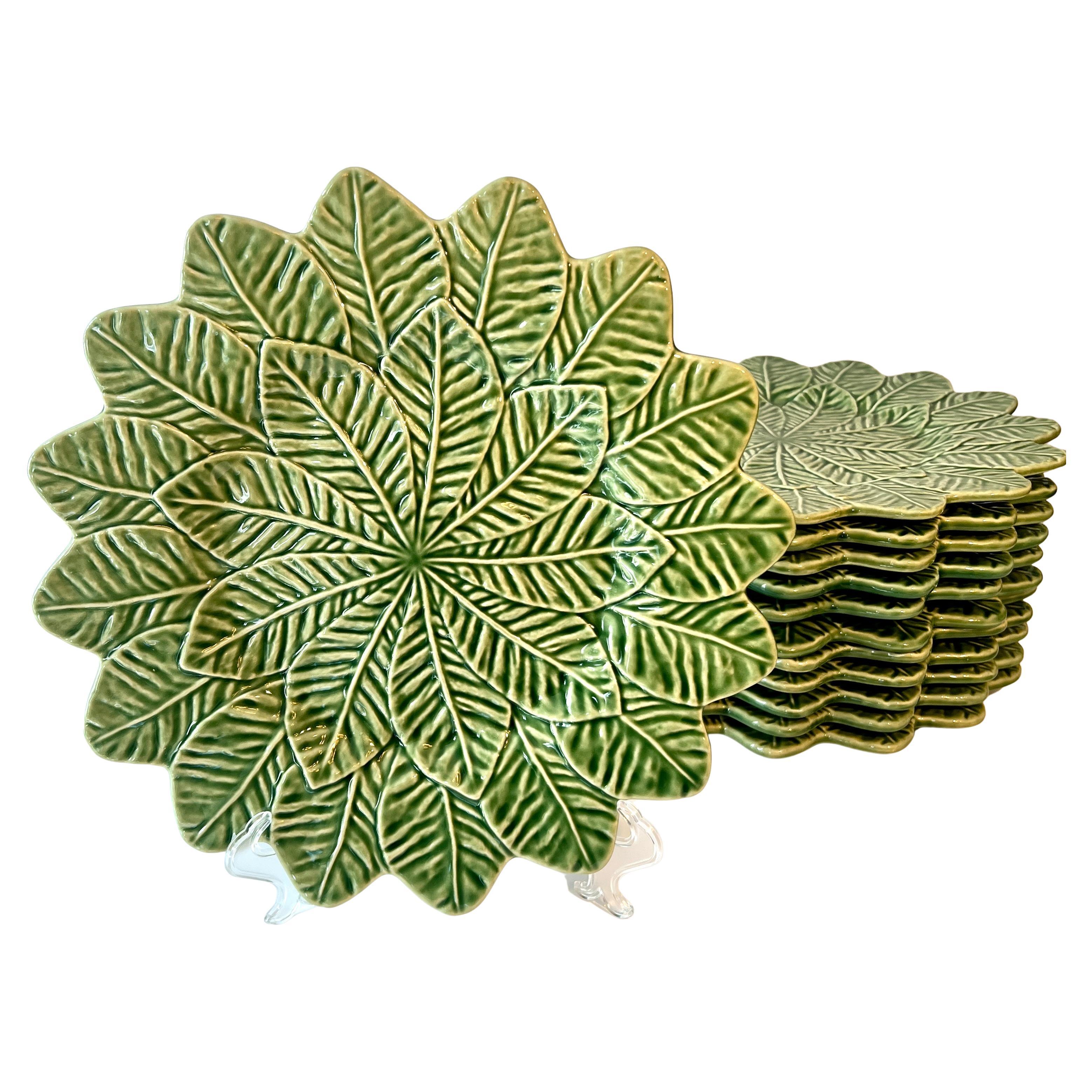 Set of 12 Cabbage Green Bordallo Portugal 13 inch Chargers For Sale