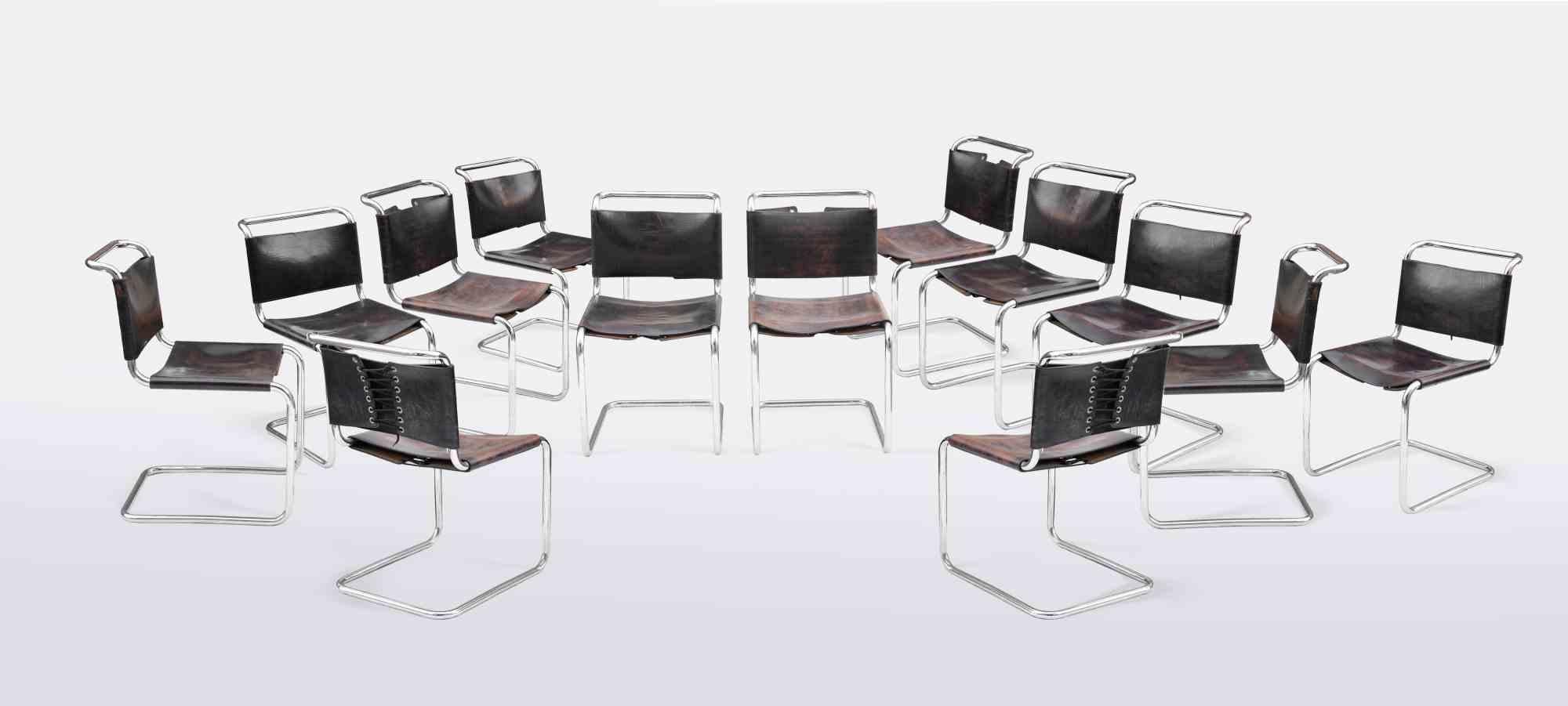 Set 12 of Cantilever S33 Chairs realized by Mart Stam for Gavina in 1960s.
Original lebel of the producer. Original leather in good condition.
Each Chair is available outside the set for Euro 750.