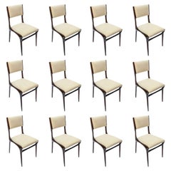 Set of 12 Carlo de Carli Brown Wood Dining Chairs in Ivory Linen, 1950s