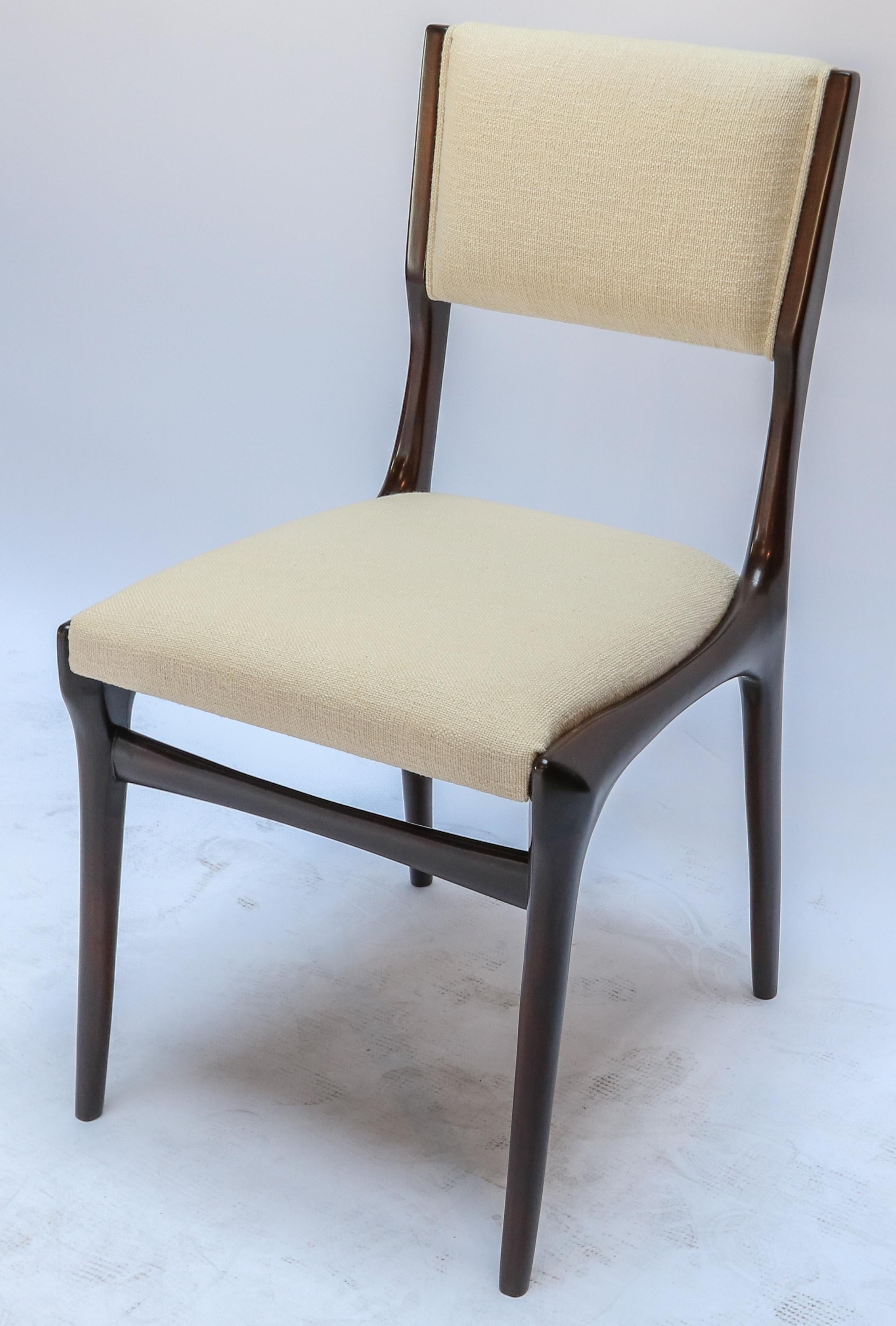 Set of 12 Carlo de Carli Brown Wood Dining Chairs in Ivory Linen, 1950s 3