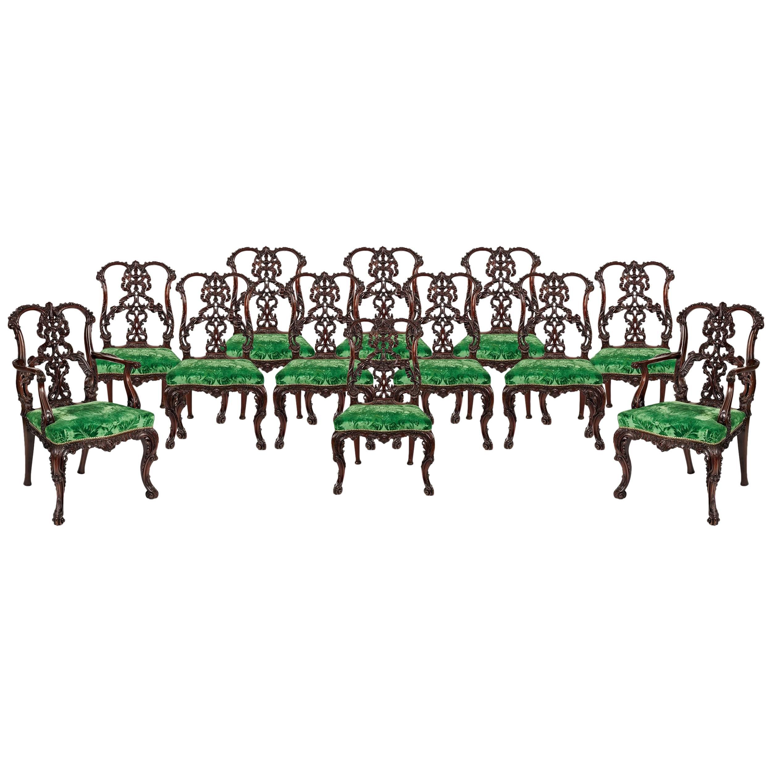 Set of 12 Carved Mahogany Dining Chairs in the Manner of Thomas Chippendale