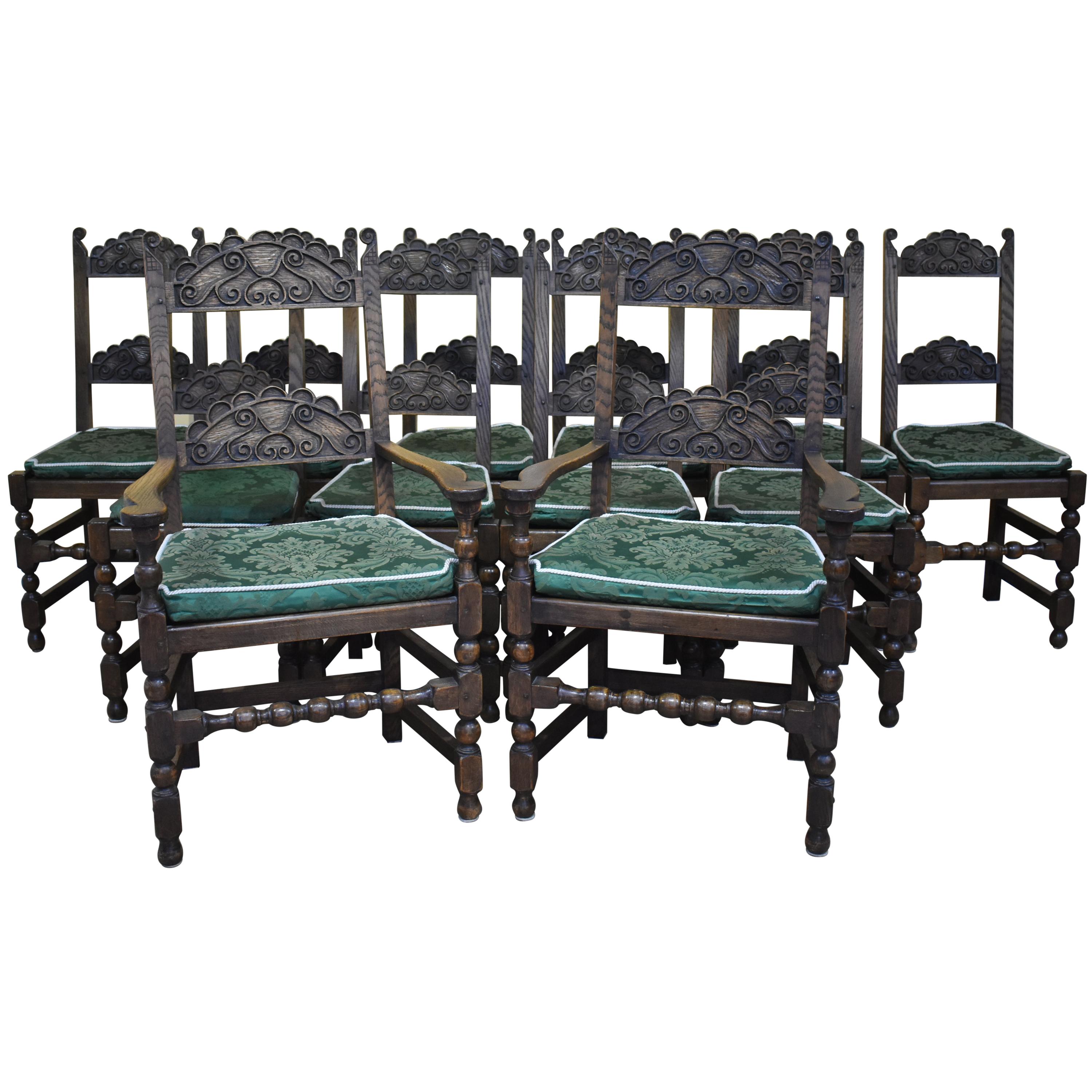 Set of 12 Carved Oak Dining Chairs