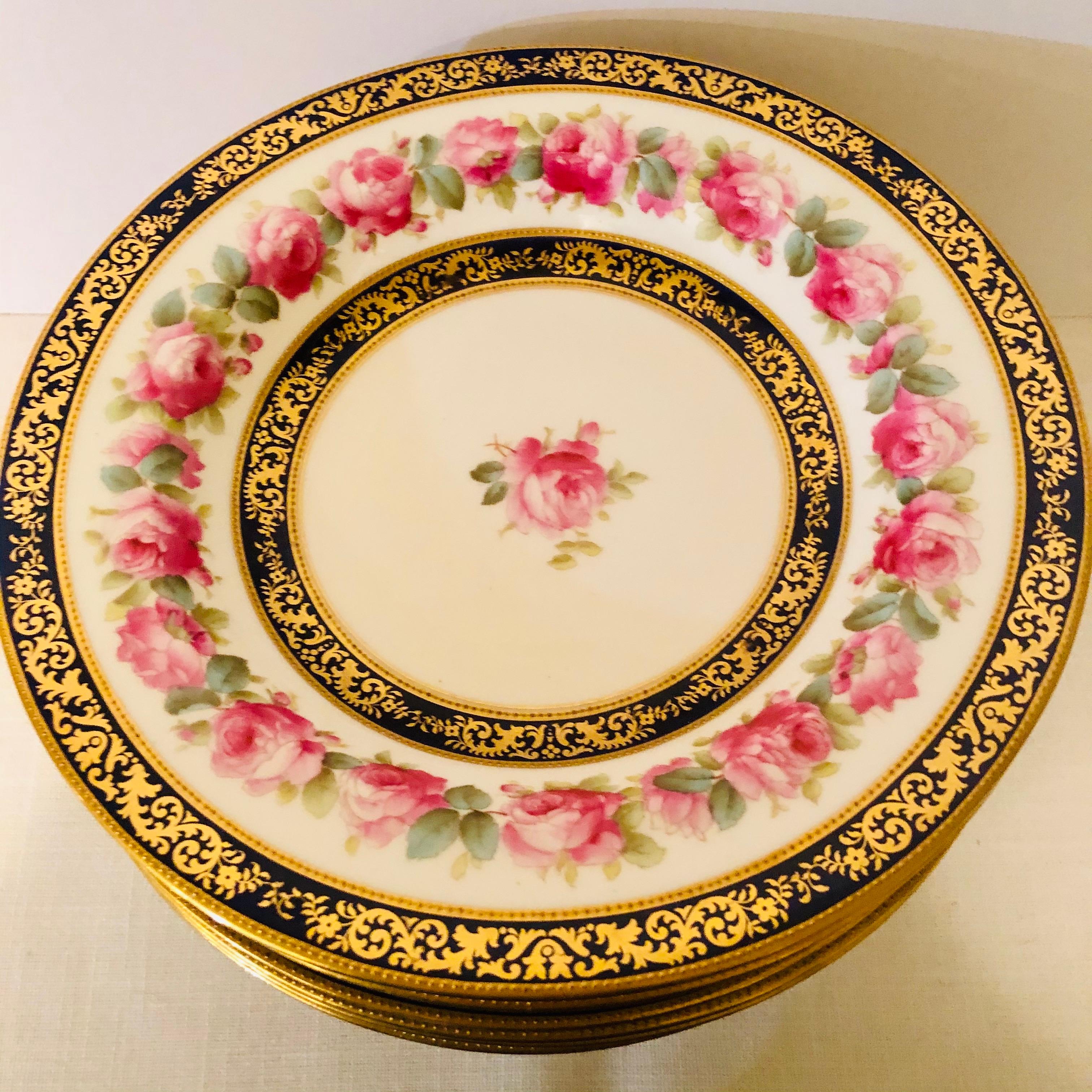 Set of 12 Cauldon Wide Rim Soups with Pink Rose Paintings and Two Cobalt Borders For Sale 2
