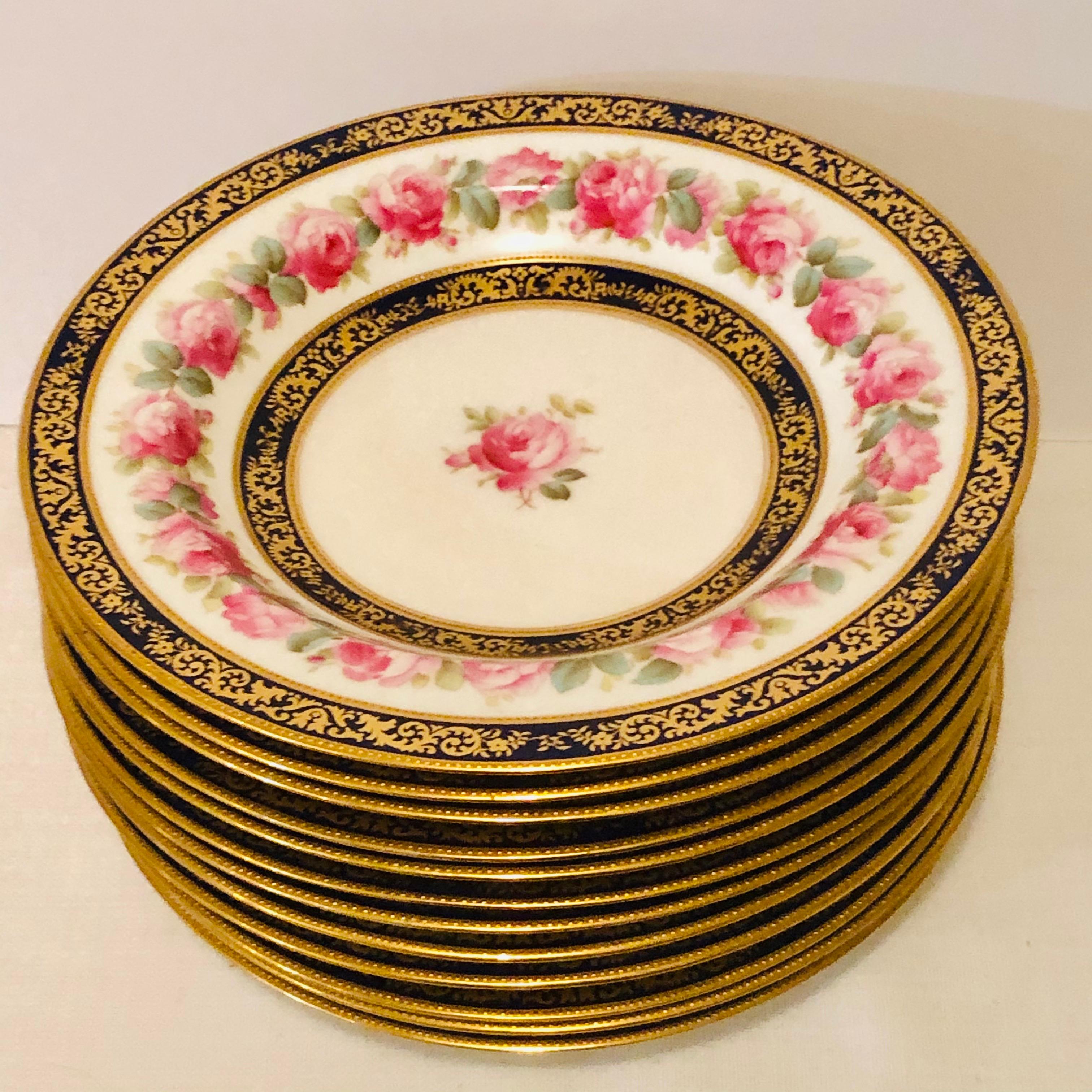 Romantic Set of 12 Cauldon Wide Rim Soups with Pink Rose Paintings and Two Cobalt Borders For Sale