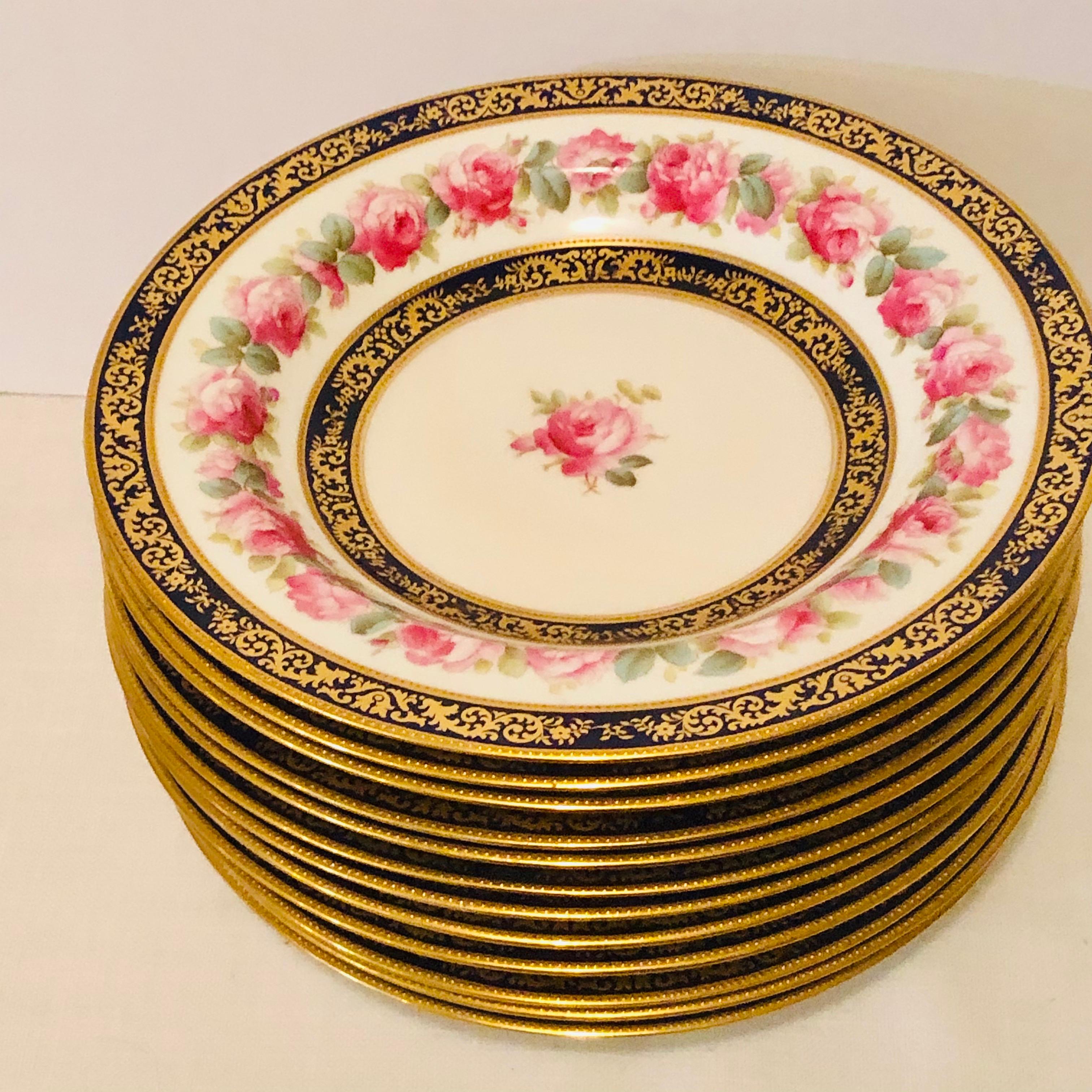 Hand-Painted Set of 12 Cauldon Wide Rim Soups with Pink Rose Paintings and Two Cobalt Borders For Sale
