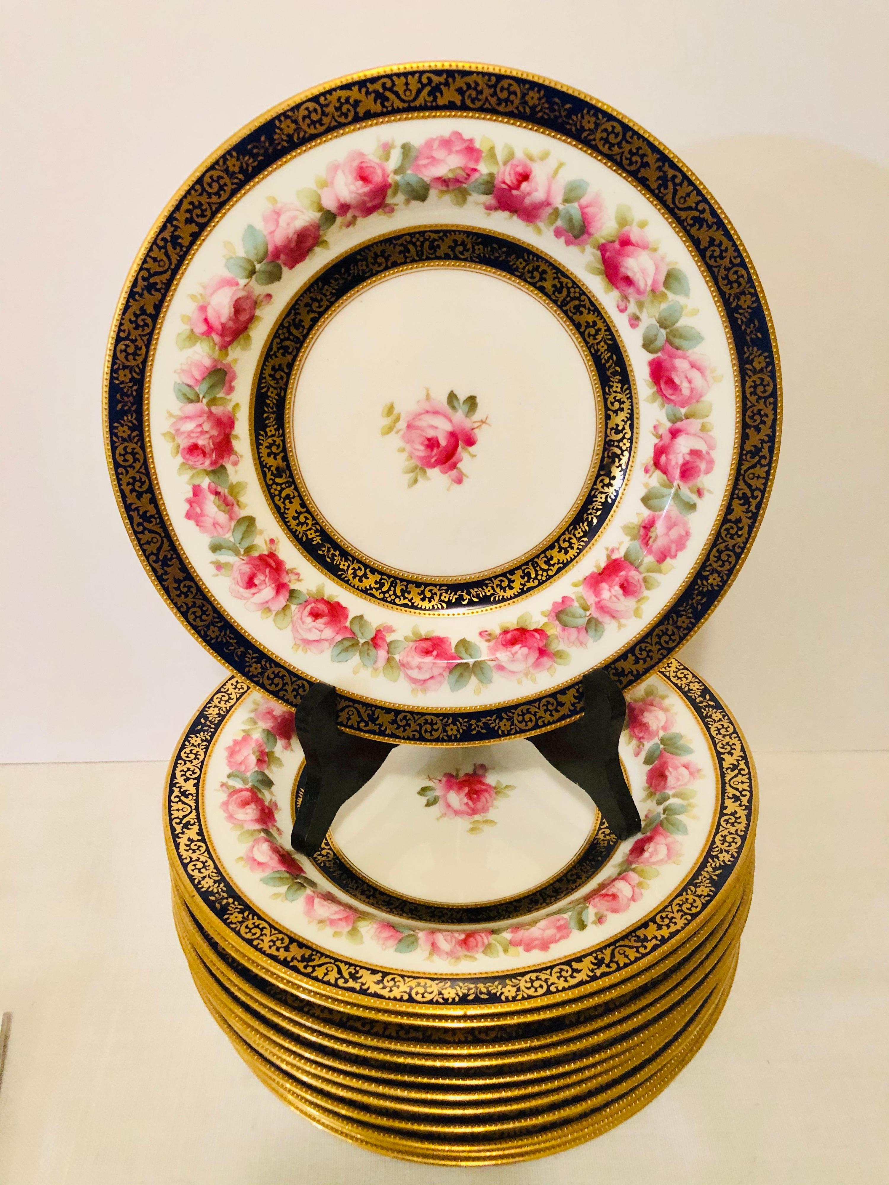 Set of 12 Cauldon Wide Rim Soups with Pink Rose Paintings and Two Cobalt Borders In Good Condition For Sale In Boston, MA