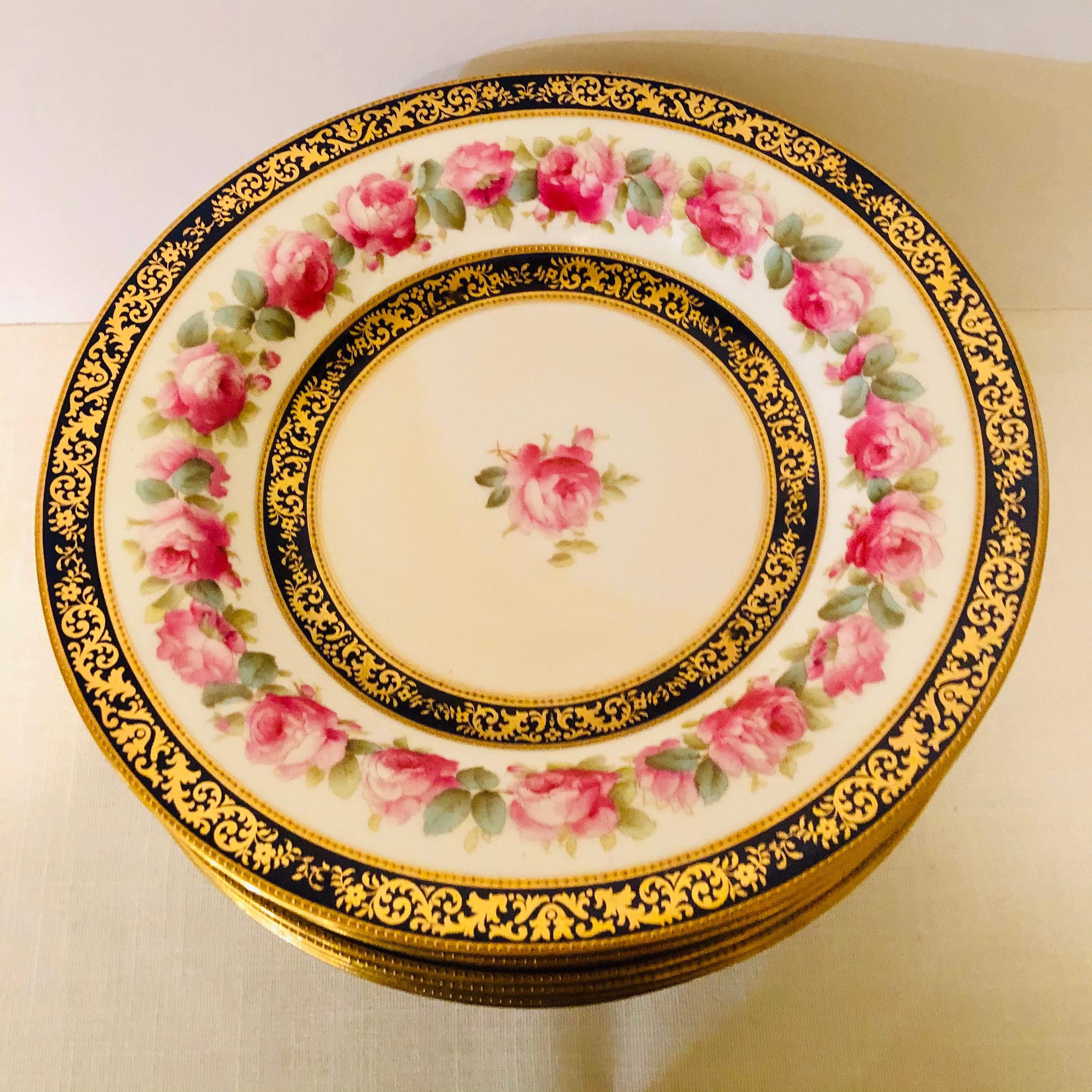 Set of 12 Cauldon Wide Rim Soups with Pink Rose Paintings and Two Cobalt Borders For Sale 1